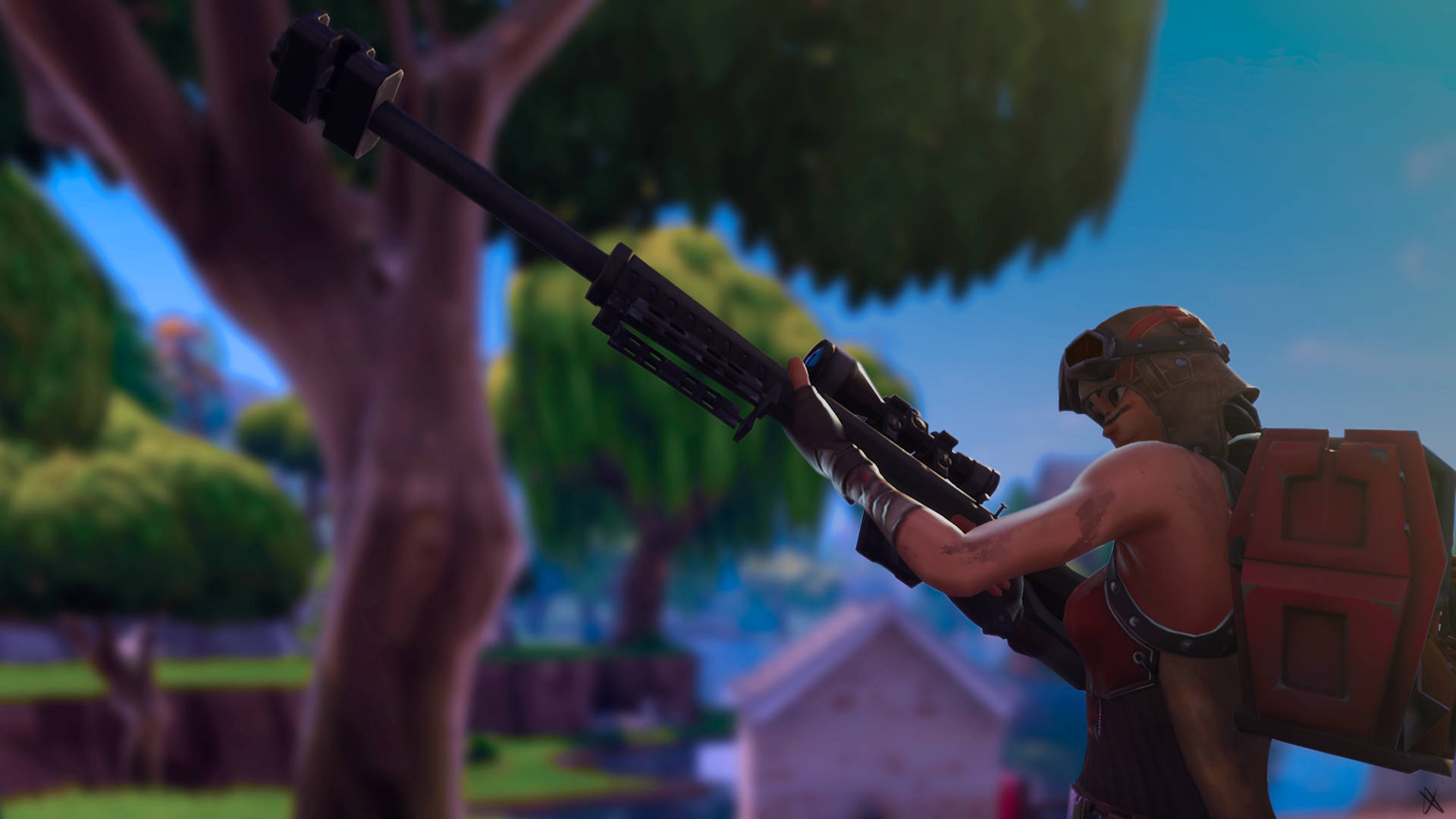 遊戲角色在卡通森林場景中瞄準狙擊步槍 — Fortnite 壁紙