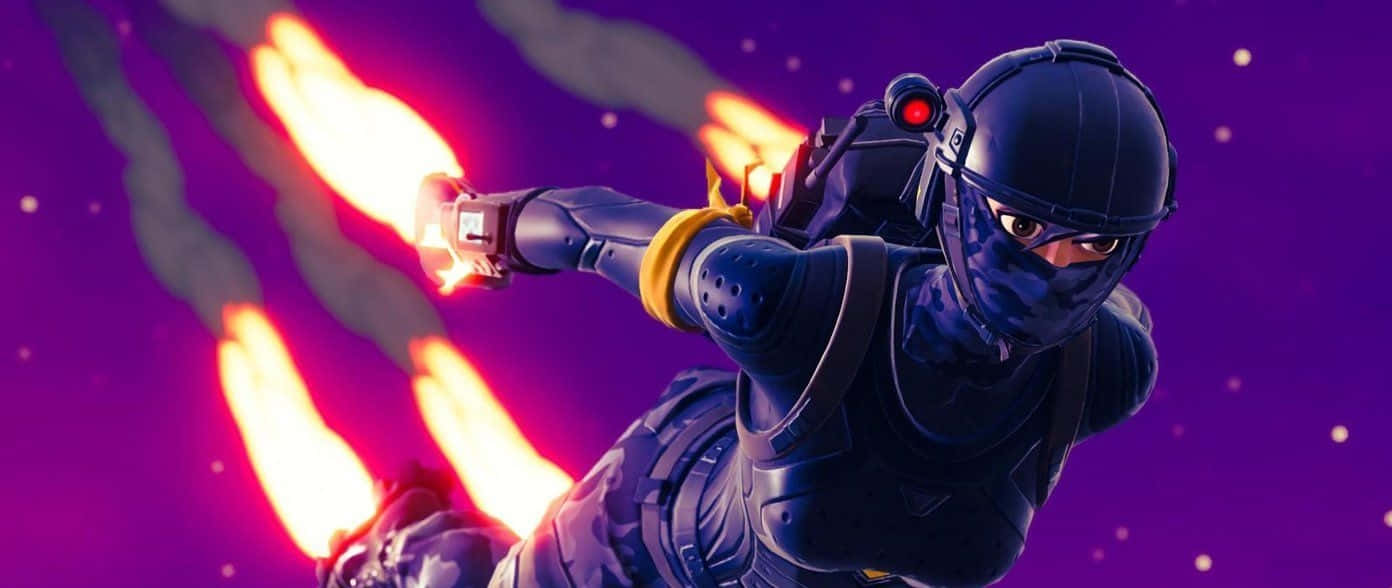 遊戲角色以火焰推進器在星光燦爛的紫色天空中飛行。 — Fortnite 壁紙
