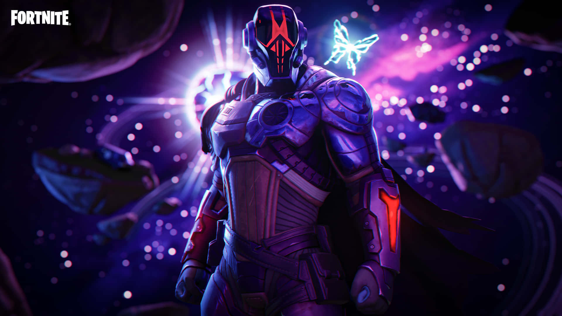  壁紙 — 一個穿著未來裝甲的 Fortnite 角色，在發光的紫色星雲和漂浮的小行星的宇宙背景下英勇站立。