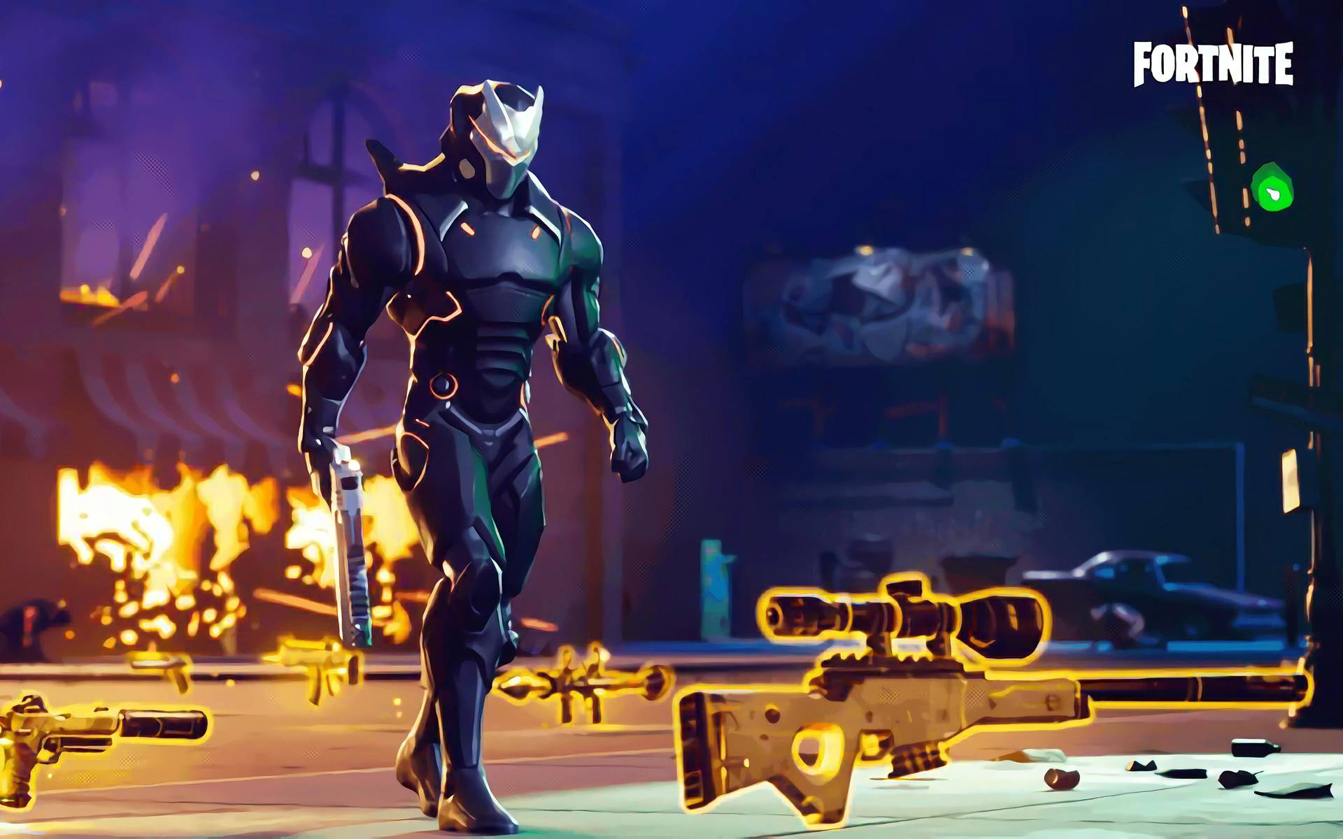 穿著暗色盔甲的Fortnite角色，在燃燒的城市場景中手持武器。 — Fortnite 壁紙