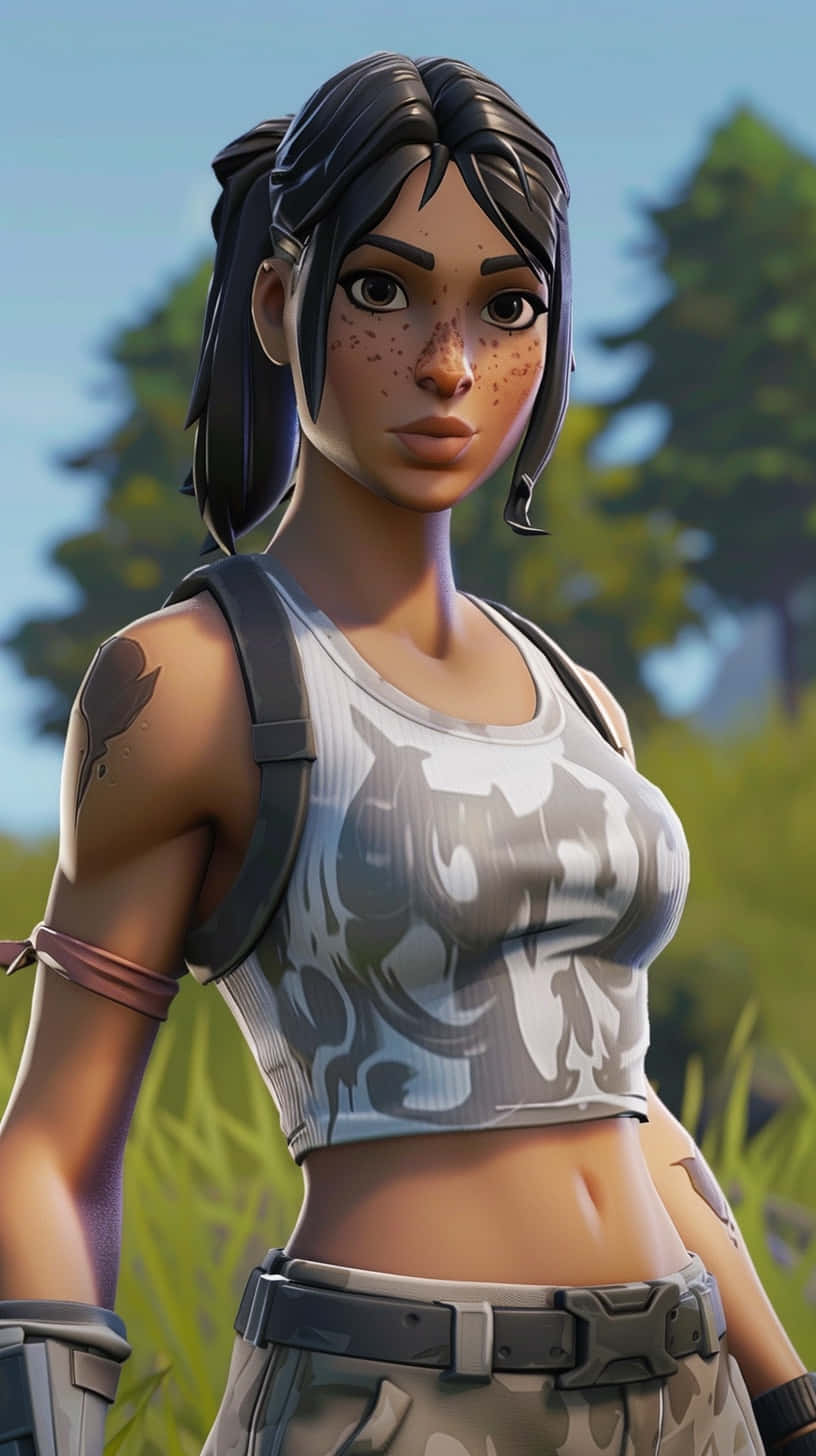  壁紙 — 一個擁有深色頭髮和雀斑的 Fortnite 角色，站在陽光明媚的森林中，穿著圖案露臍上衣和戰術裝備。