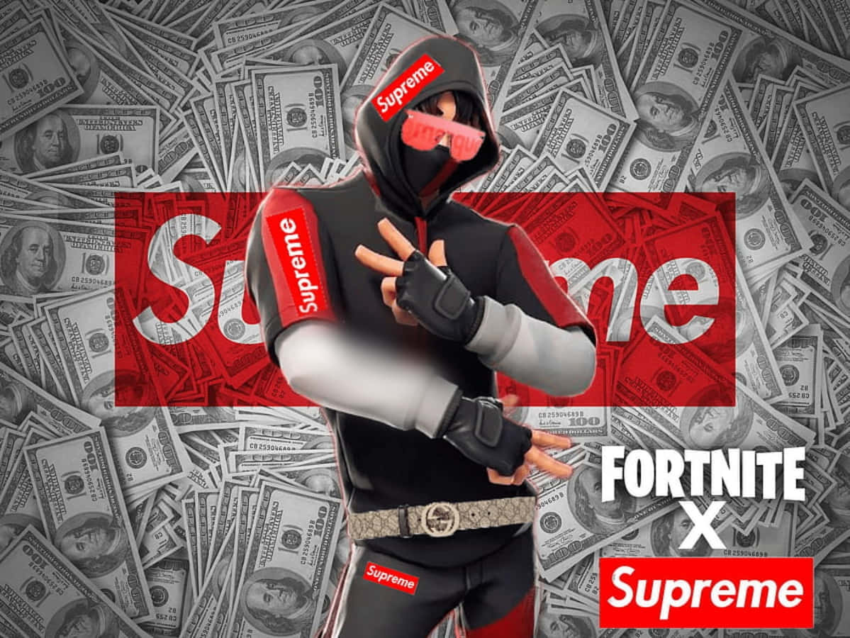 穿著Supreme裝備的Fortnite角色被美鈔包圍。 — Fortnite 壁紙