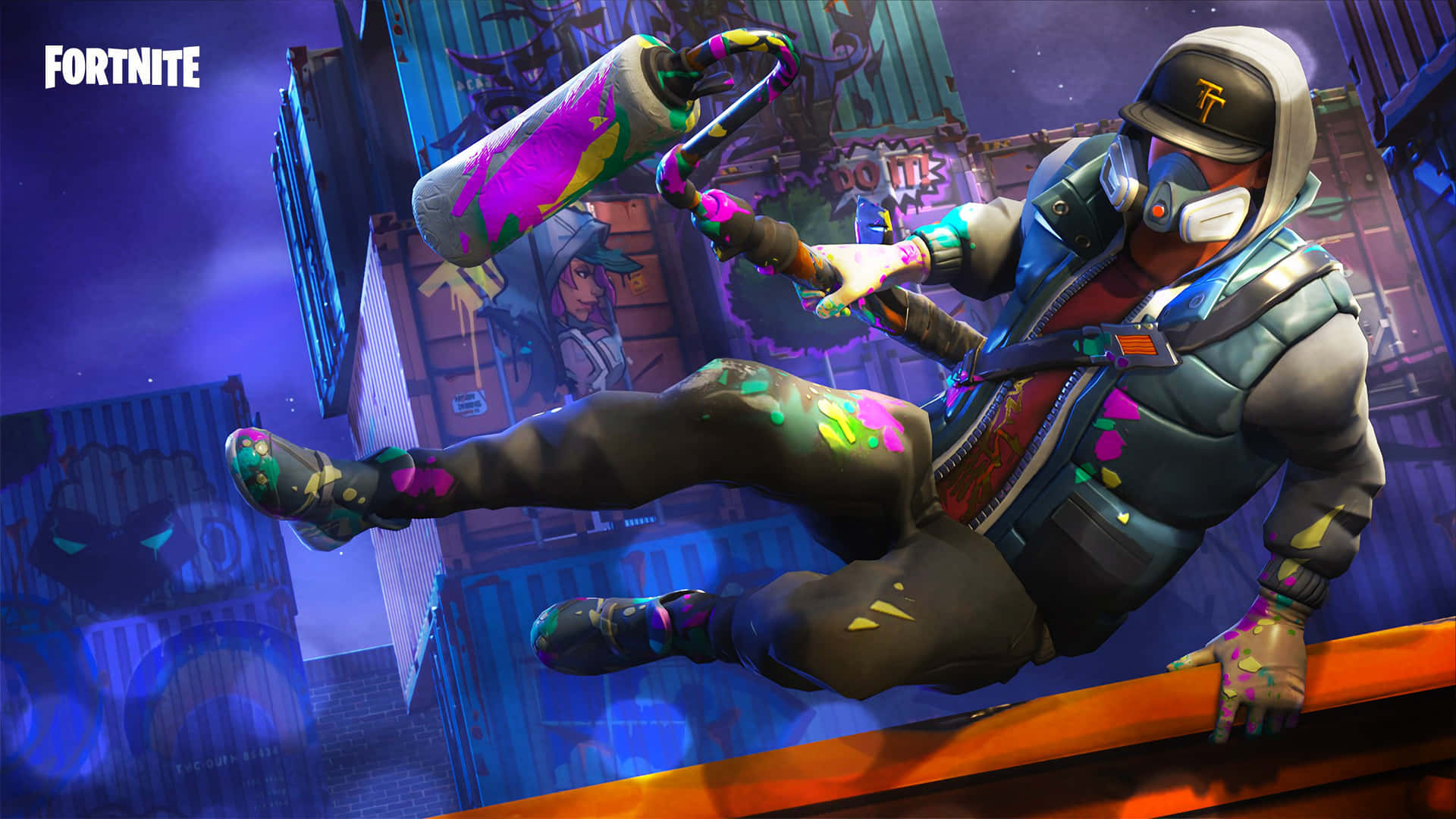 Fortnite角色在半空中用霓虹漆塗抹屋頂，背景是夜間的賽博龐克城市。 — Fortnite 壁紙