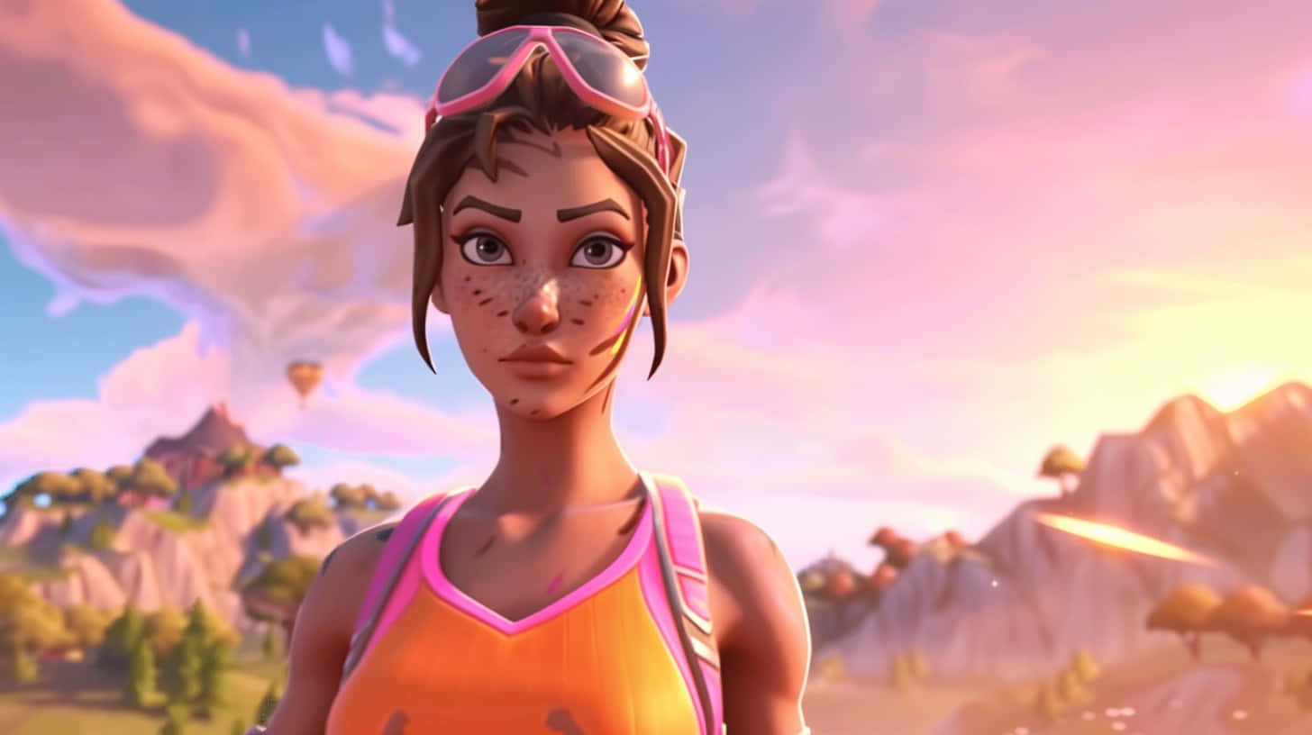  壁紙 — 一個頭戴護目鏡的Fortnite角色，站在充滿活力的日落景觀中，有山脈和熱氣球。