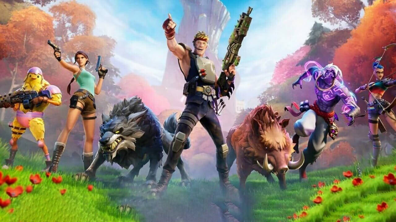 充滿活力的秋日田野中的 Fortnite 角色和動物。 — Fortnite 壁紙