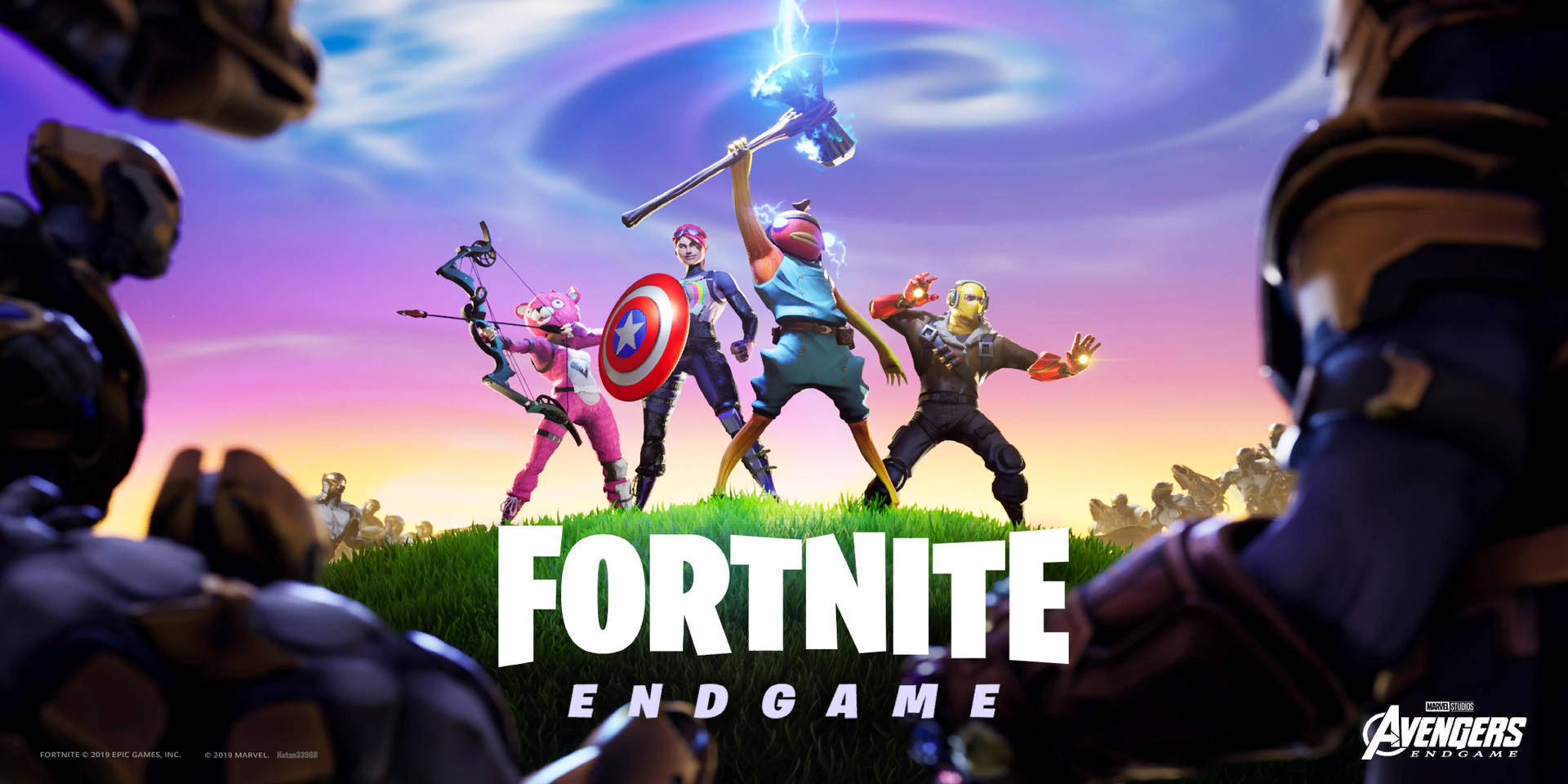 Fortnite Endgame 以復仇者聯盟角色在日落時的草地上擺出動態姿勢為特色。 — Fortnite 壁紙