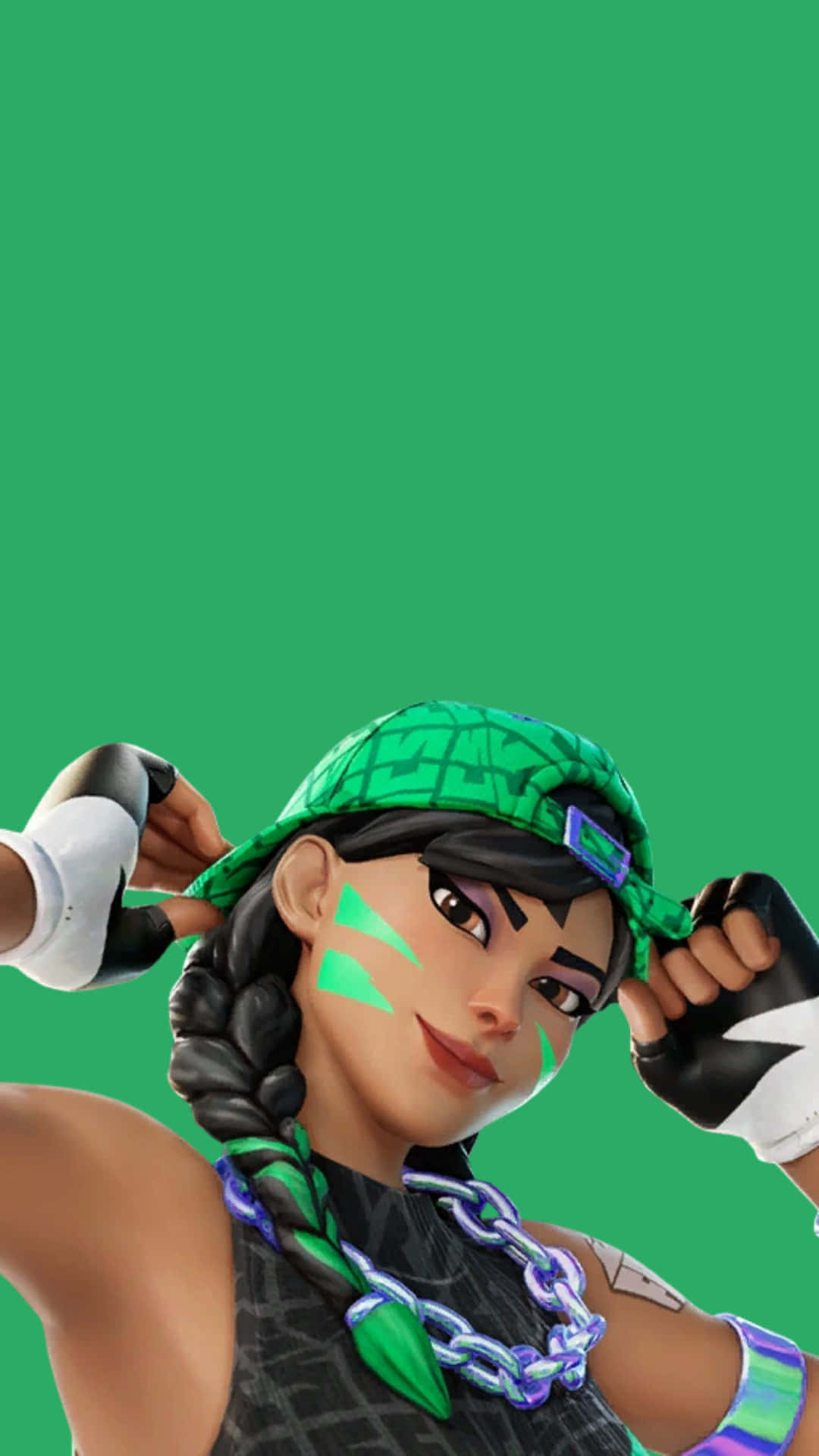  壁紙 — 一個Fortnite角色，臉上塗有綠色顏料，辮子頭髮，在純綠色背景前調整一頂有圖案的綠色帽子。