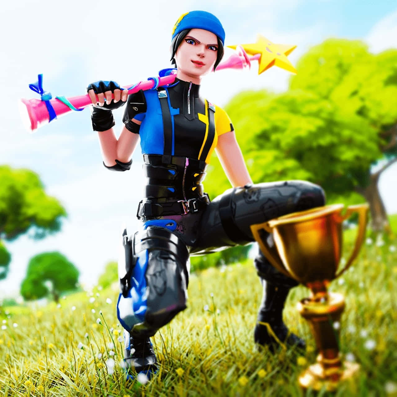  壁紙 — 一個身穿藍黃裝備的Fortnite角色跪在草地上，在晴朗的天空下，手持粉紅色火箭發射器，旁邊有一個金色獎盃。
