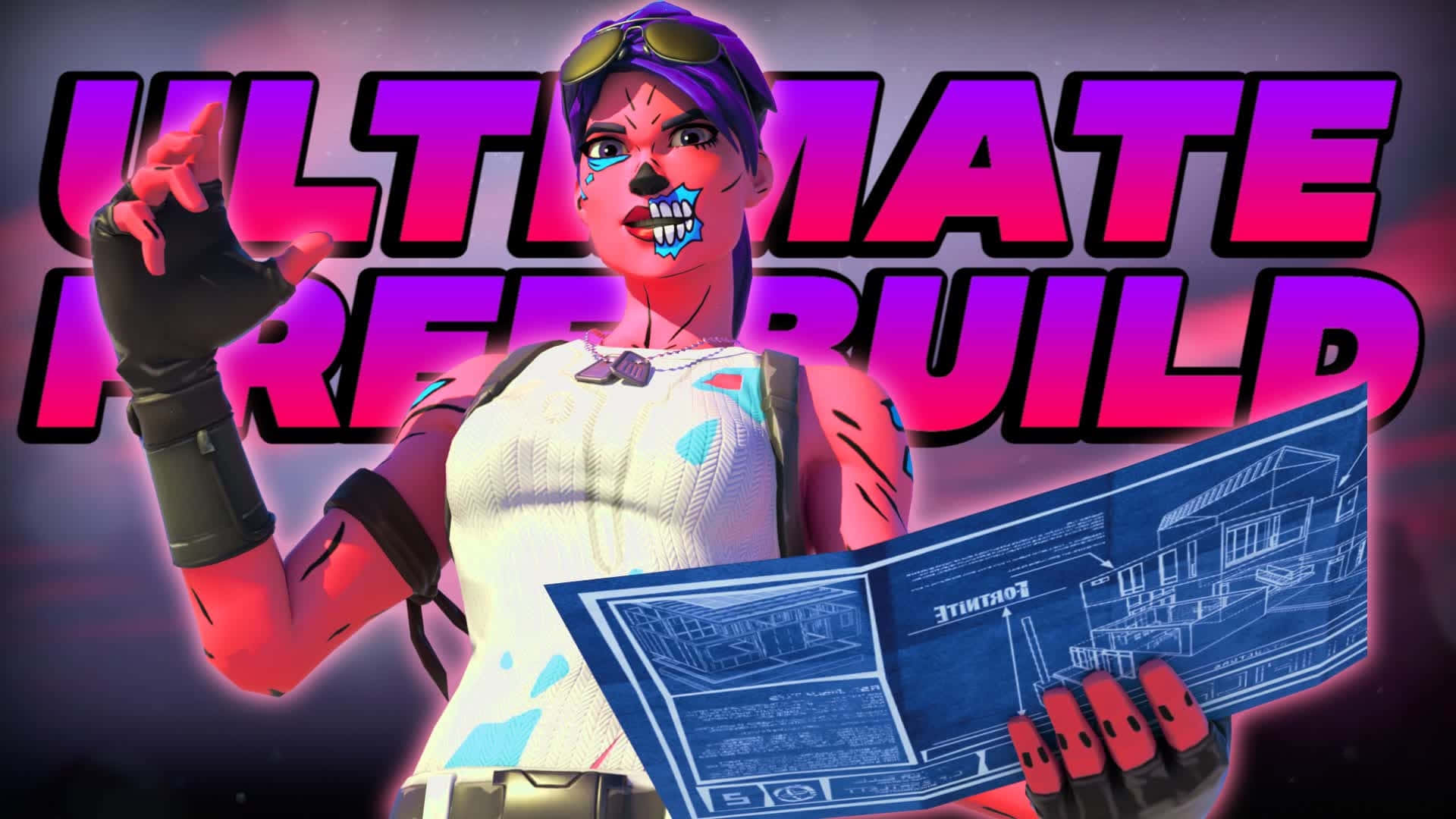  壁紙 — 一個擁有紫色頭髮和藍色臉部彩繪的Fortnite角色，在發光的粉紅色和紫色背景前拿著藍圖。