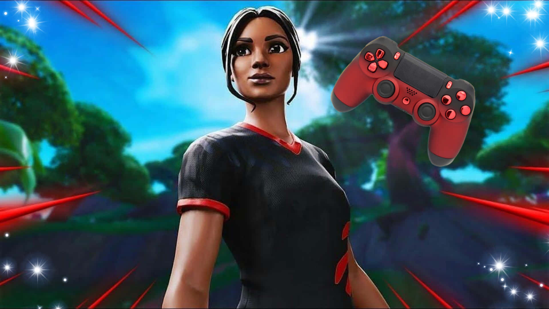  壁紙 — 一個Fortnite角色自信地站立，旁邊漂浮著一個紅色PlayStation控制器，背景是充滿活力的遊戲世界。