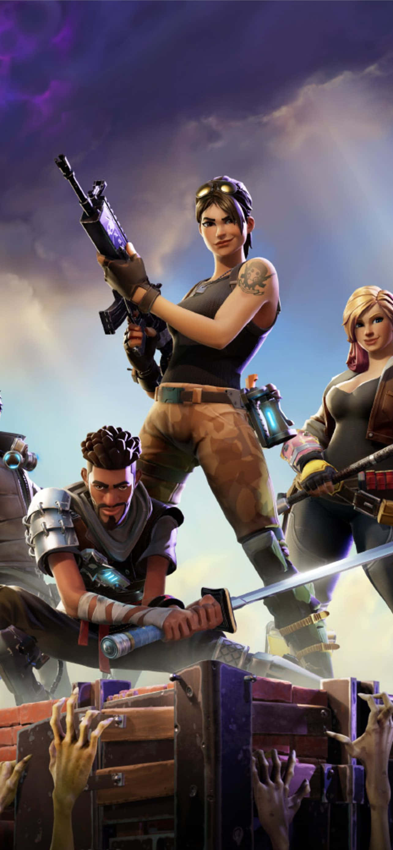 Fortnite Kuno 與其他角色 壁紙 — 三個Fortnite角色站在木箱上，殭屍手從下方伸出，背景是暴風雨般的紫色天空。
