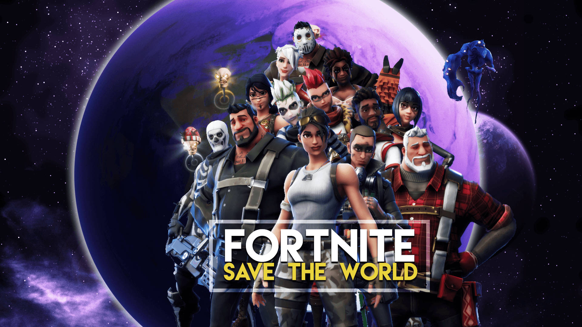 Cool Fortnite 桌布 壁紙 — Fortnite Save The World 角色英雄般地站在一個星際虛空中宇宙紫色星球前。