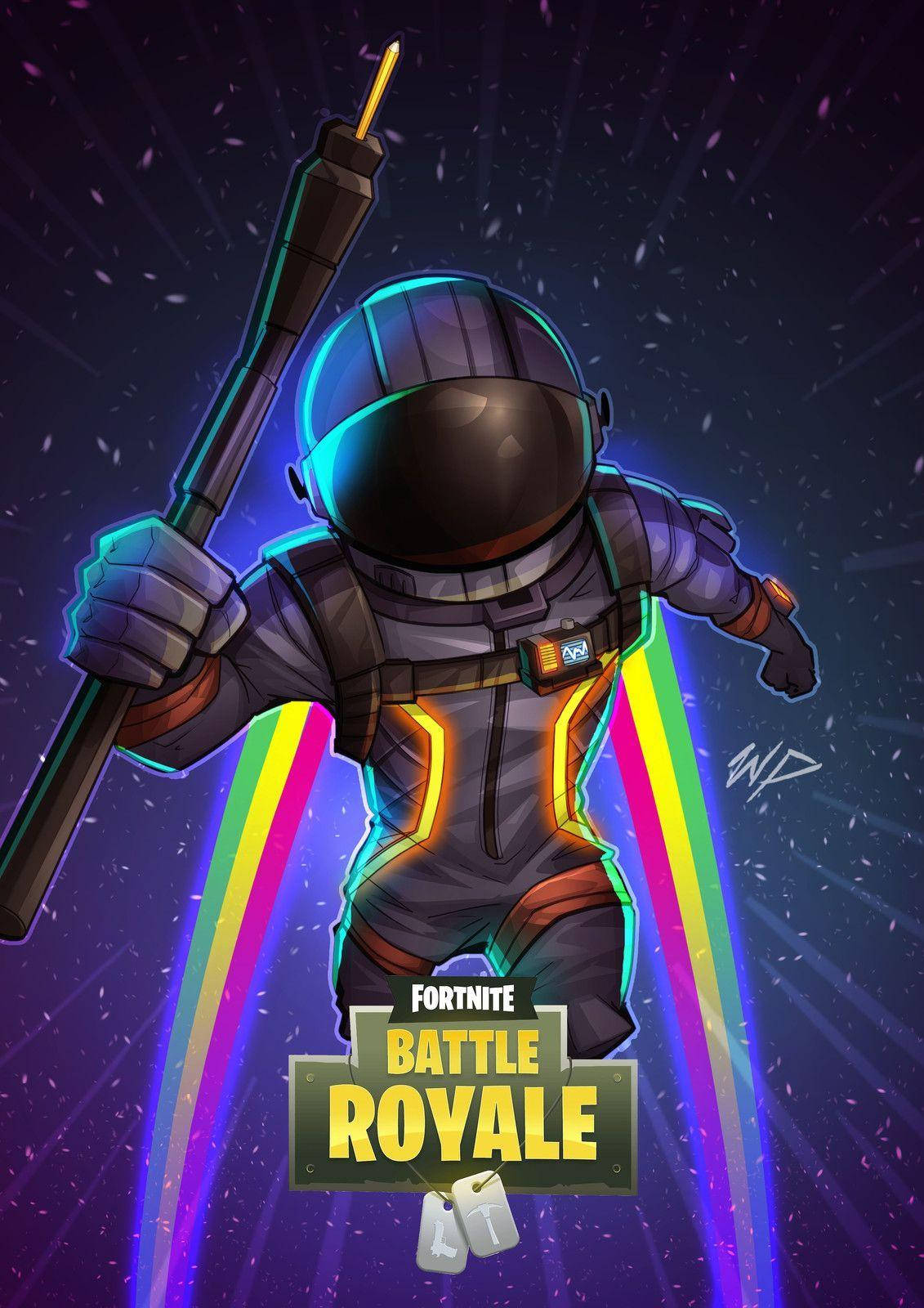 Fortnite太空人在太空中手持火箭發射器，有彩虹軌跡 — Fortnite 壁紙