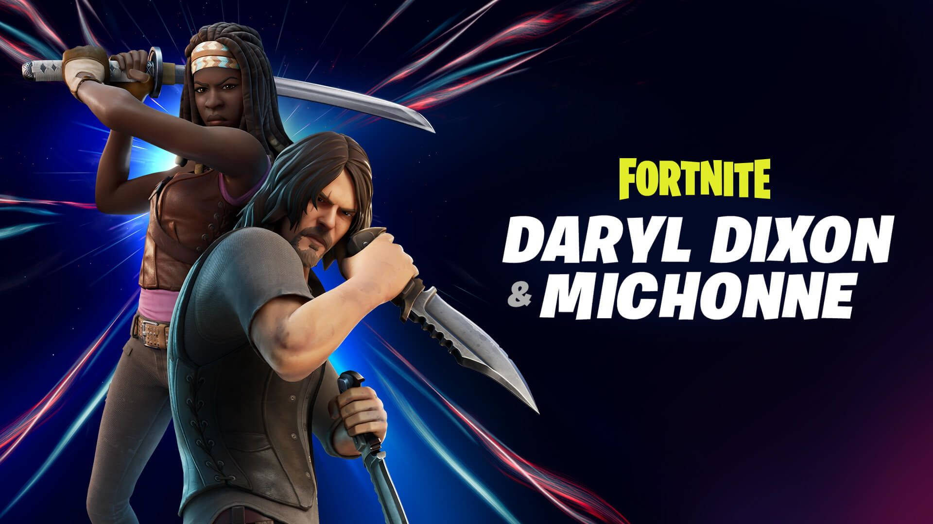Fortnite 造型 桌布 壁紙 — 《Fortnite》中的Daryl Dixon和Michonne手持武器，準備好面對充滿活力的宇宙背景。
