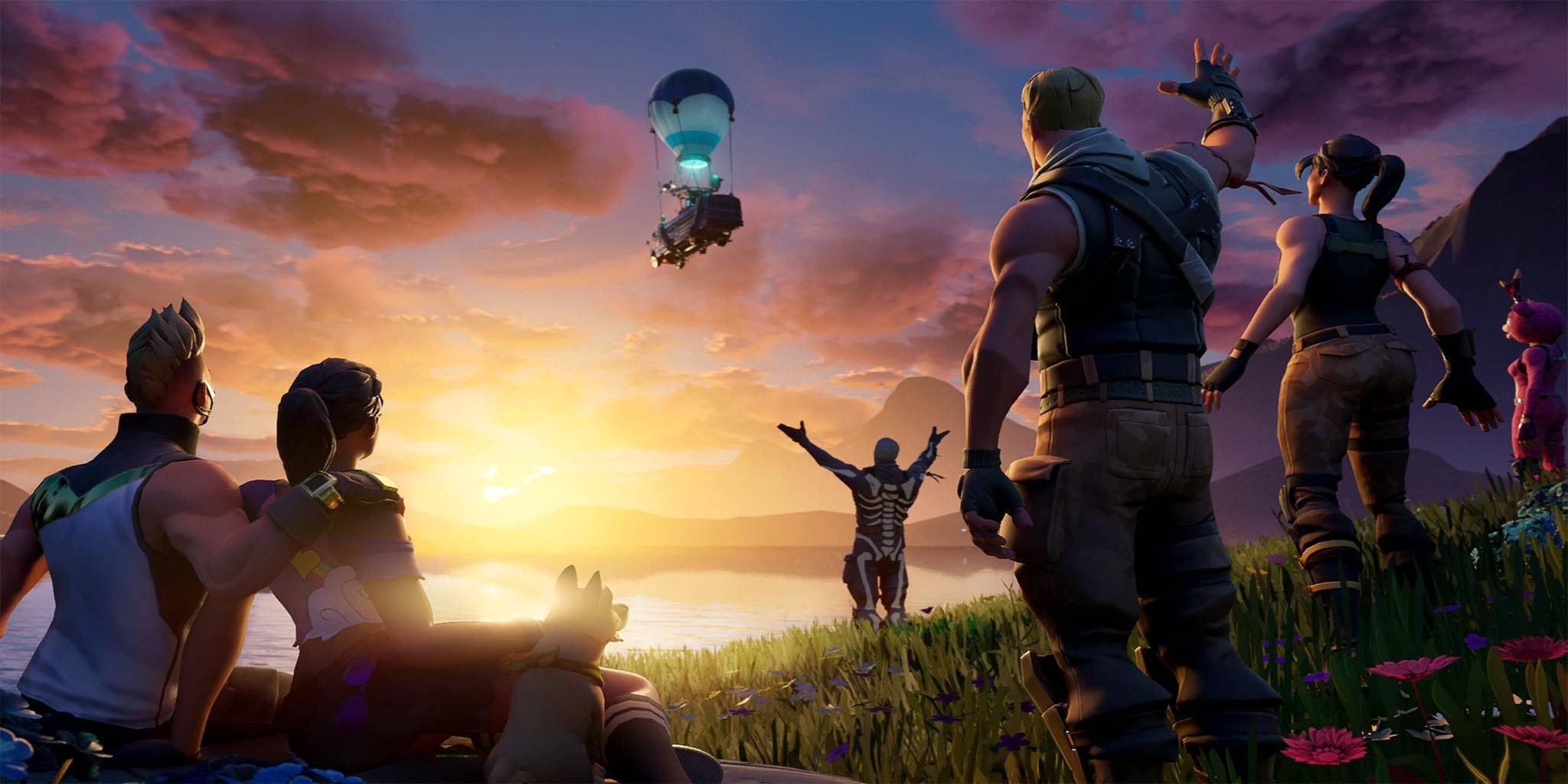 電玩遊戲 桌布 壁紙 — Fortnite 中的角色觀看一個發光的熱氣球在夕陽湖上降落，伴隨著紫色雲朵和野花。