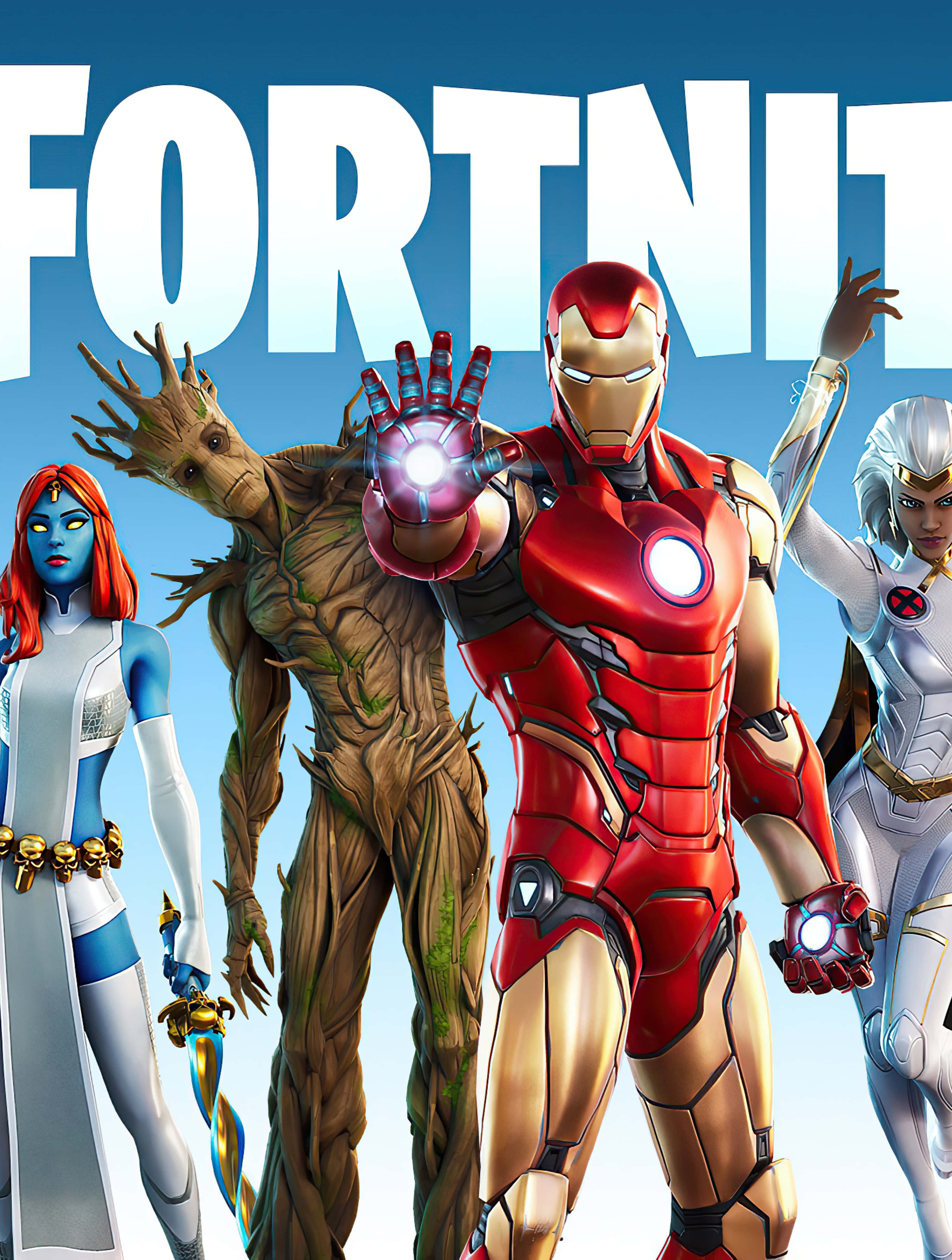 桌布 壁紙 — Fortnite 宣傳藝術，以 Iron Man、Groot 和 X-Men 角色在藍天背景下的鮮豔數位渲染呈現。