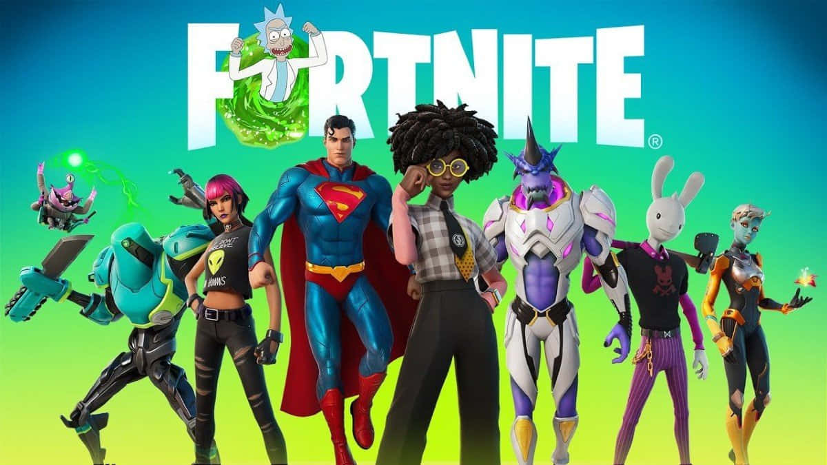 桌布 壁紙 — Fortnite 標誌，包含超人與瑞克·桑切斯等標誌性角色，在充滿活力的漸變背景前並肩而立。