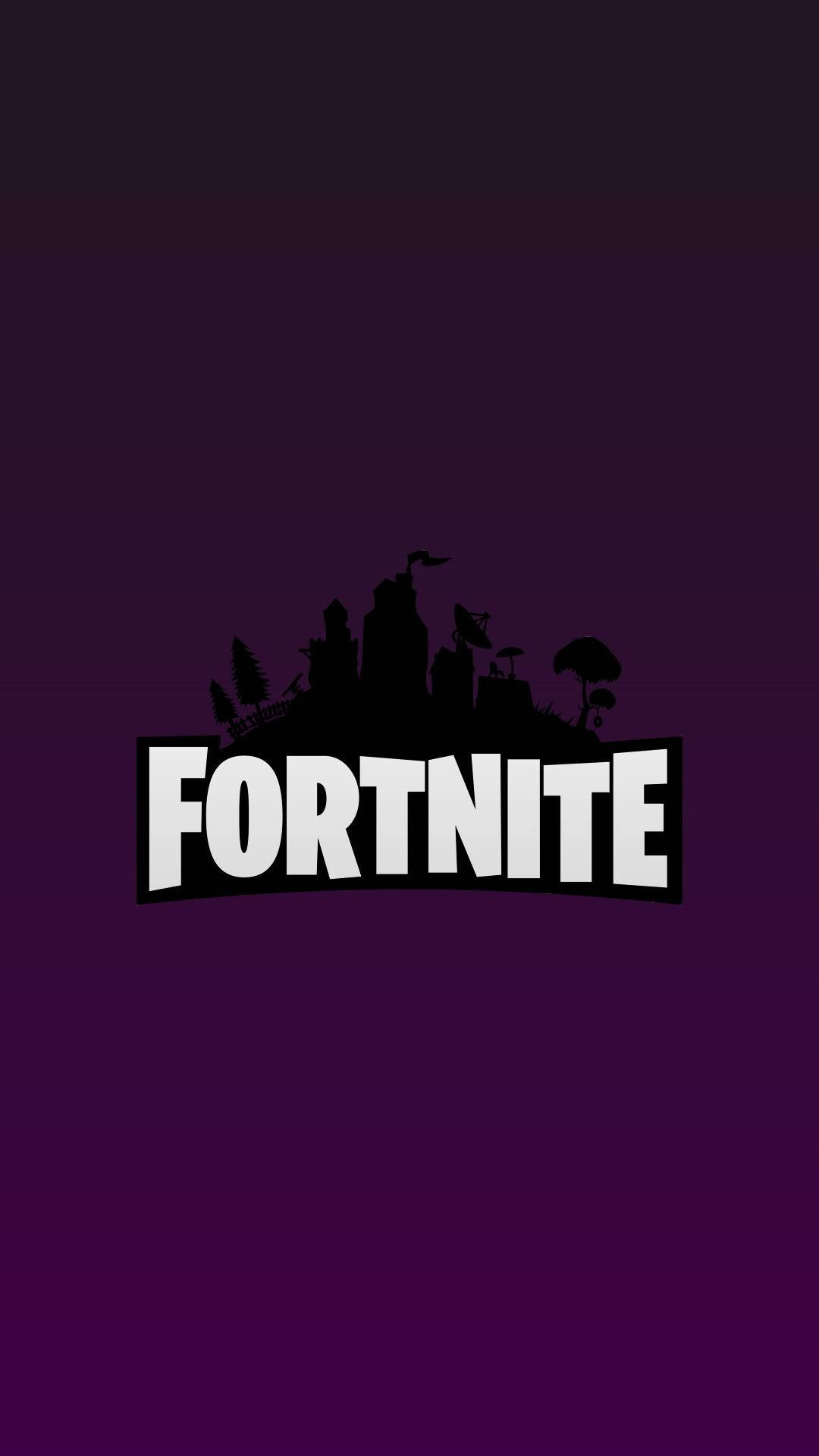 Fortnite 桌布 壁紙 — Fortnite 標誌以粗體白色字體呈現，黑色剪影天際線在漸變紫色背景上。