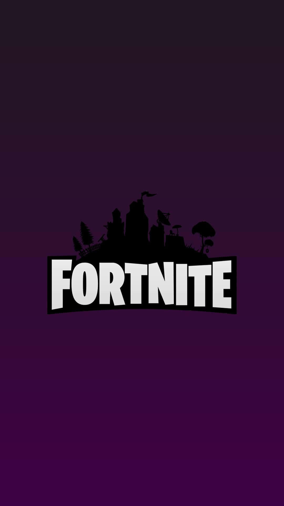 桌布 壁紙 — Fortnite 標誌以粗體白色字體呈現，背景為紫色漸變背景上的黑色天際線剪影。