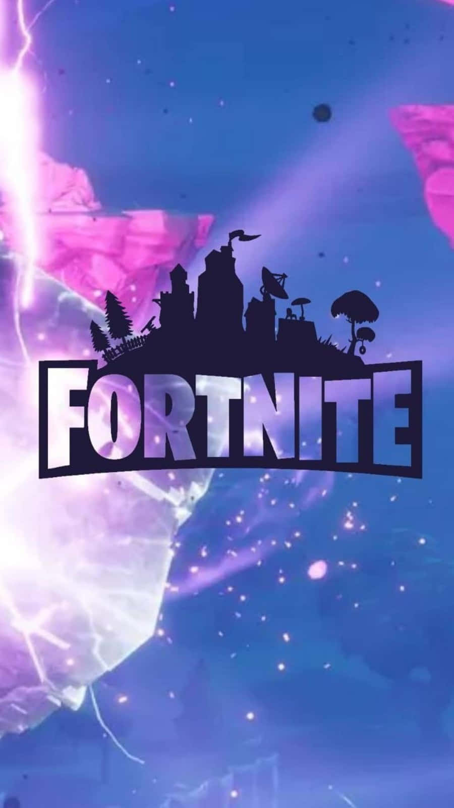 桌布 壁紙 — Fortnite 標誌以粗體白色字母配黑色輪廓，背景為宇宙紫色藍色，有浮島和閃電效果。