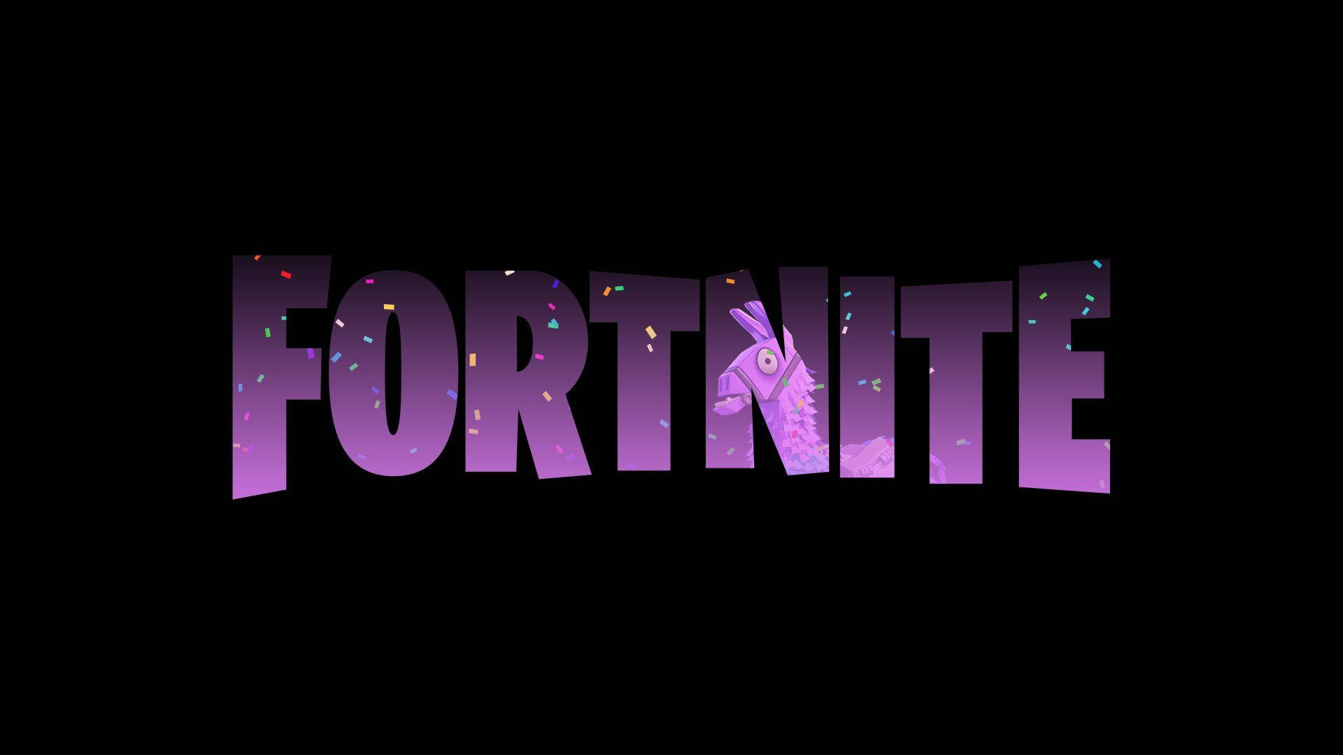 桌布 壁紙 — Fortnite 標誌以粗體紫色字母呈現，字母 N 中探出一隻羊駝頭，周圍有彩色紙屑飄落。