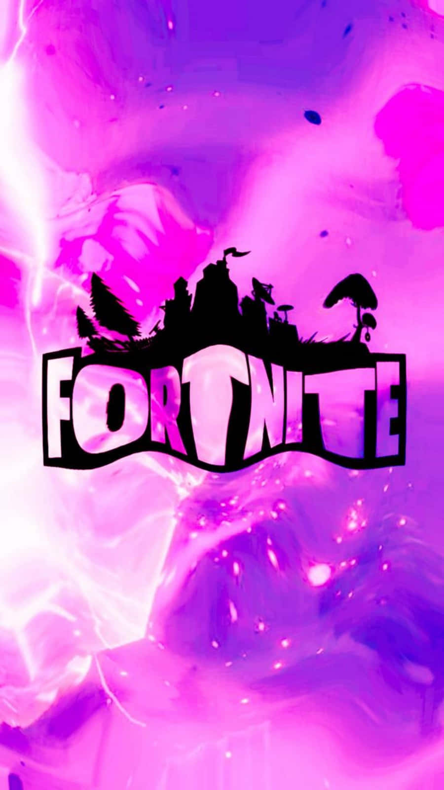 Fortnite 桌布 壁紙 — Fortnite 標誌以粗體黑色呈現，帶有發光的粉紅和紫色宇宙背景及閃光。
