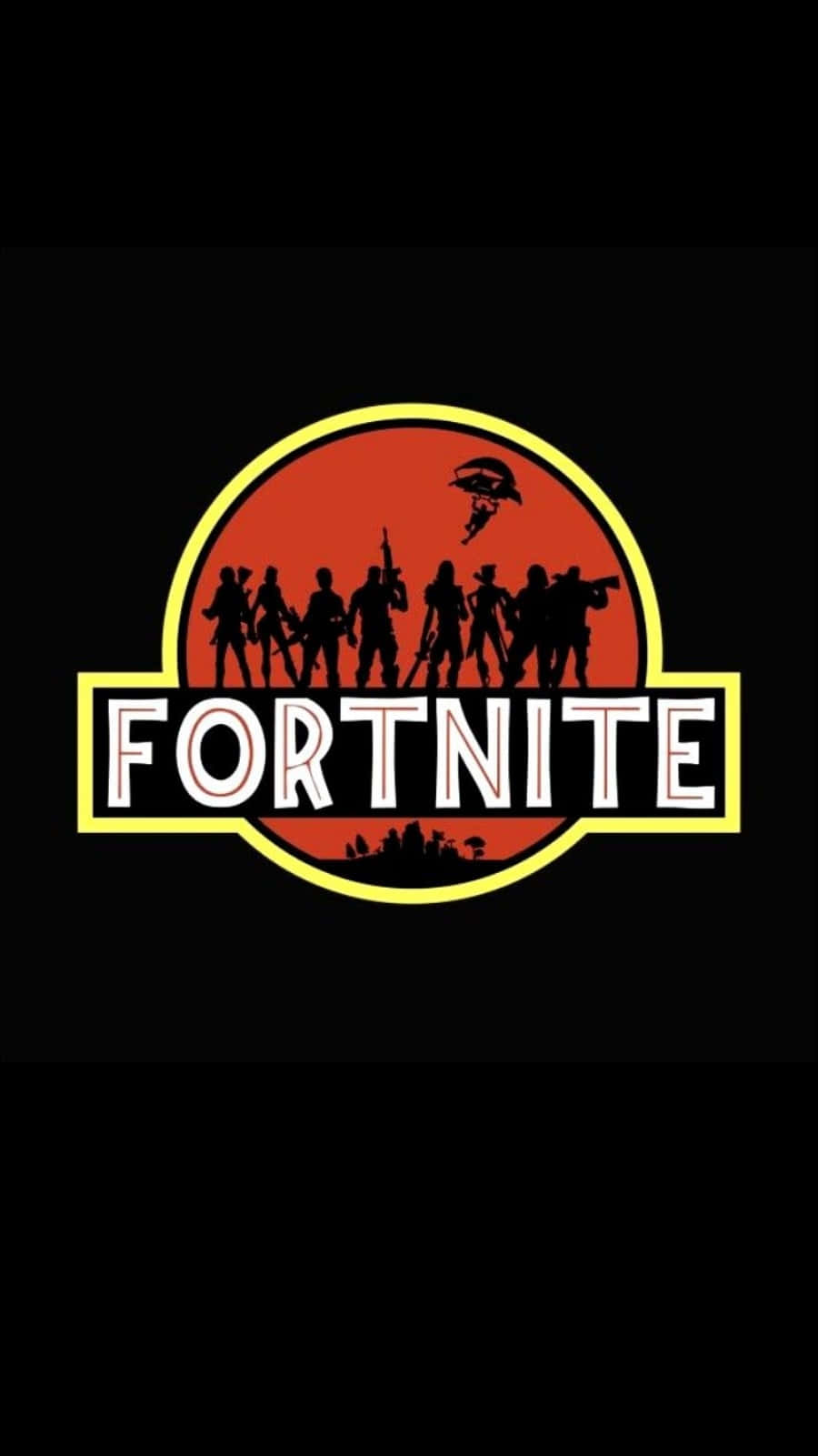 侏羅紀公園 桌布 壁紙 — Fortnite 標誌惡搞，以紅色太陽為背景，有剪影角色和跳傘人物。