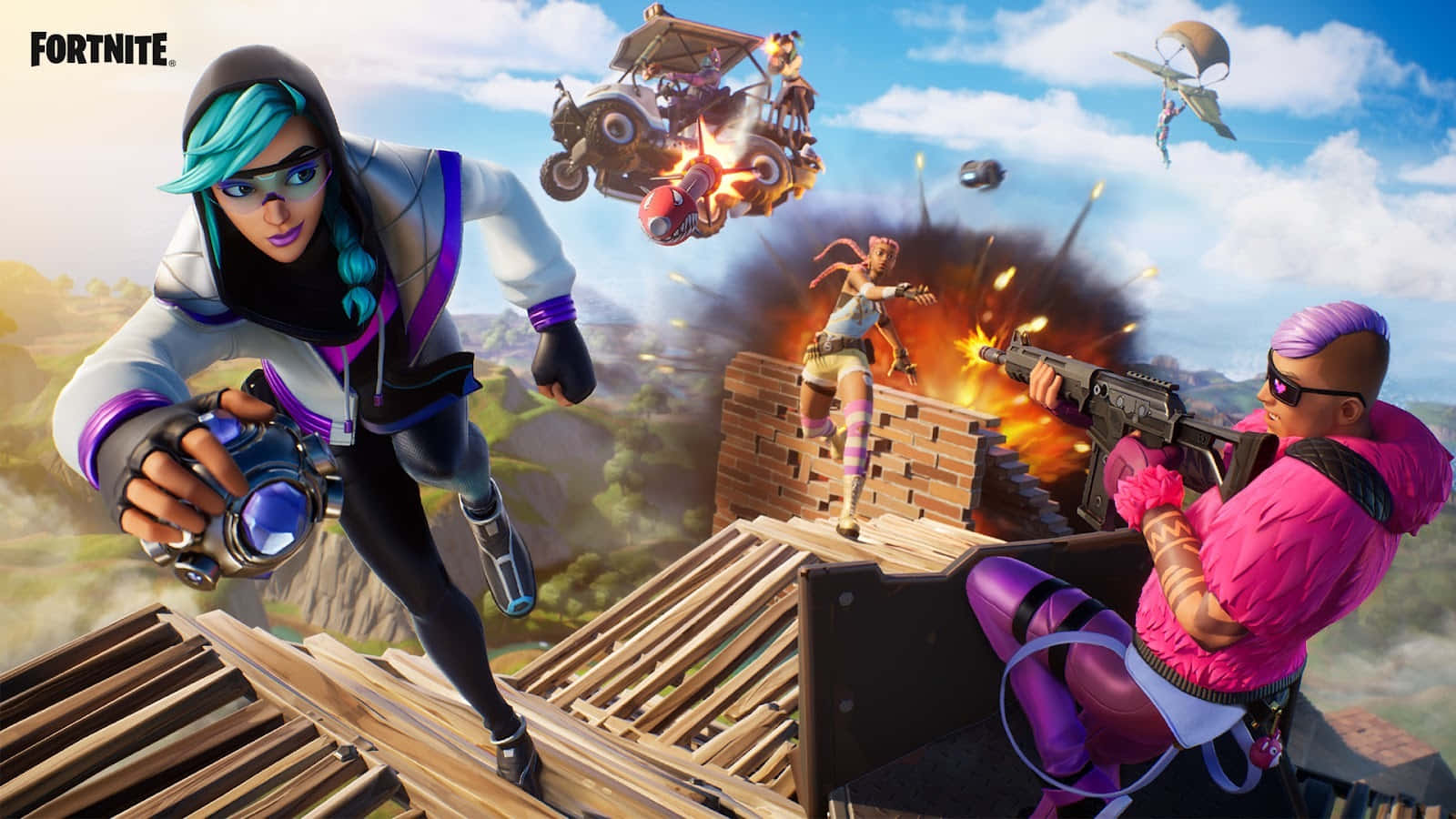 桌布 壁紙 — Fortnite 玩家在木屋頂上戰鬥，伴隨著爆炸和飛行車輛，在明亮的藍天下。