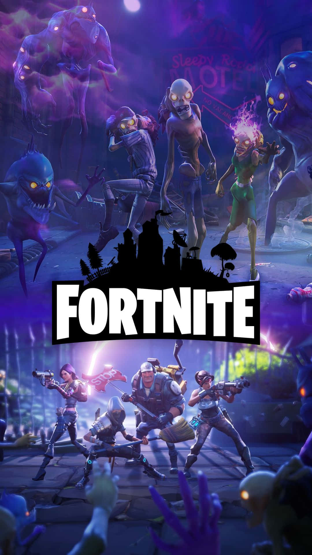 Fortnite 桌布 壁紙 — Fortnite 玩家在紫色天空下，於霓虹燈照亮的城市廢墟中與發光的殭屍-like 生物戰鬥。