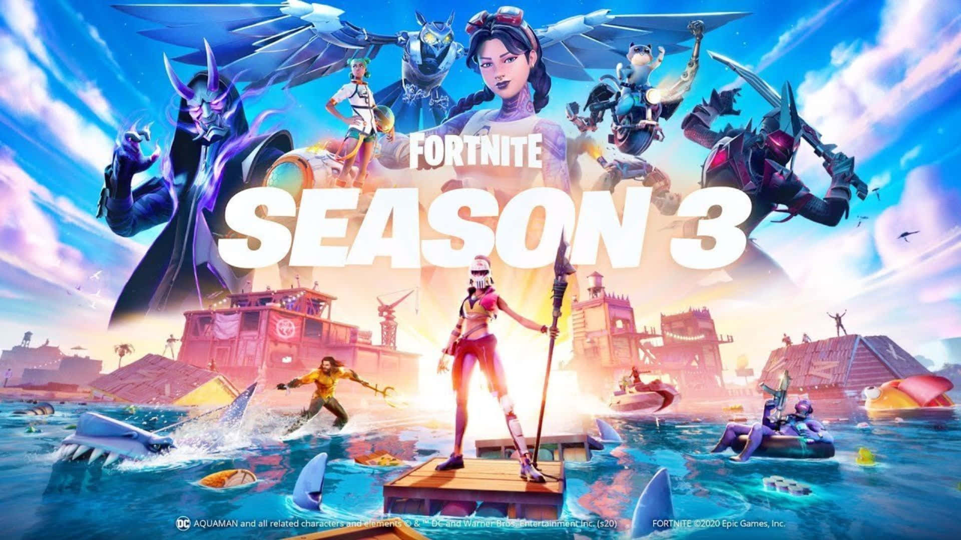 桌布 壁紙 — Fortnite 第3季宣傳藝術，角色在鯊魚出沒的水域中的浮動平台上，天空色彩繽紛。