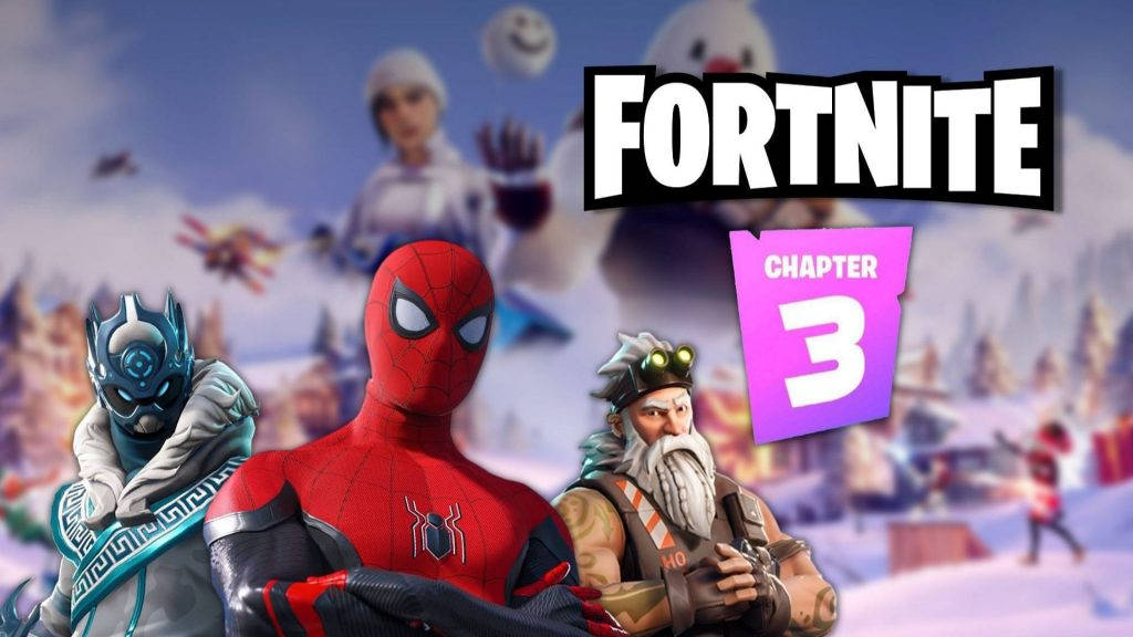 Fortnite 造型 桌布 壁紙 — Fortnite 第3章宣傳藝術， featuring 蜘蛛人、蝙蝠俠和一位鬍鬚戰士在雪景中，附有遊戲標誌。