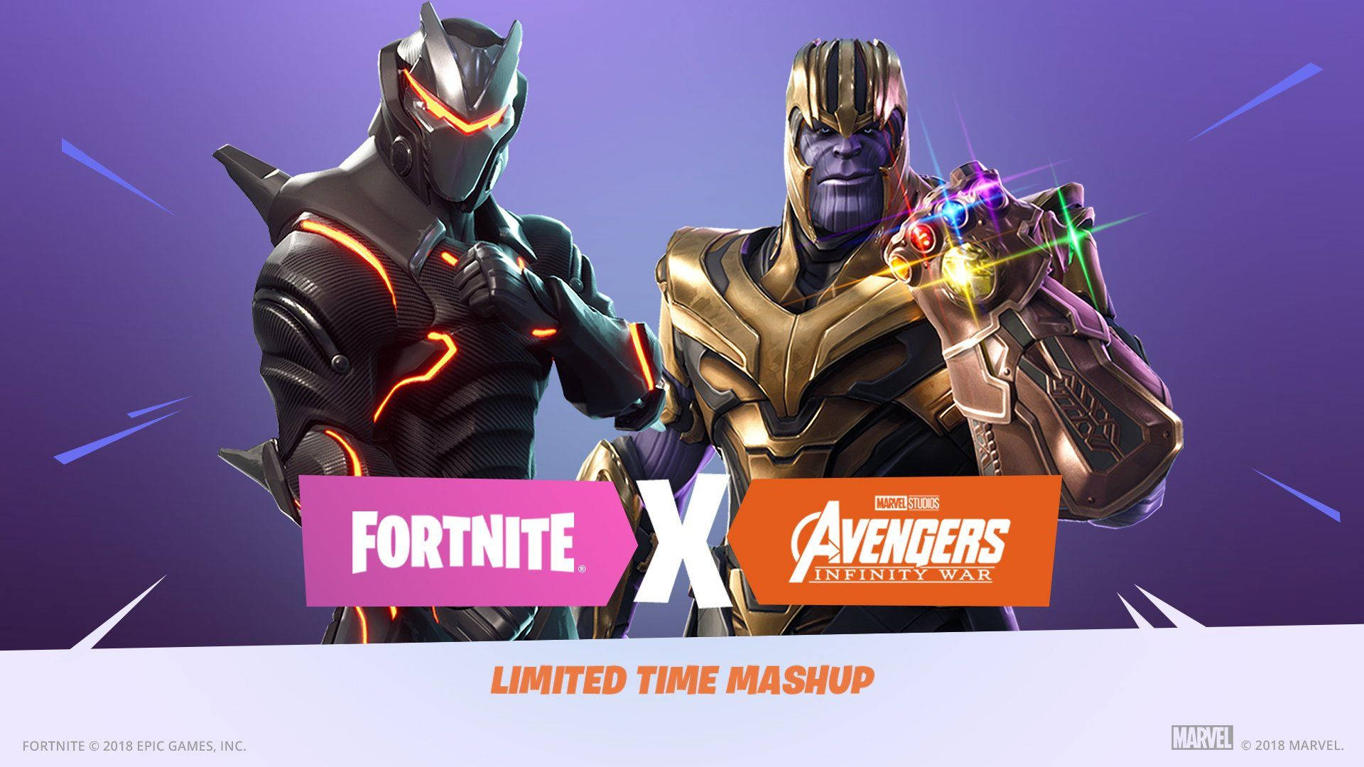 Fortnite 桌布 壁紙 — Fortnite 與 Marvel Avengers Infinity War 角色並肩站立在紫色背景上，帶有發光效果。