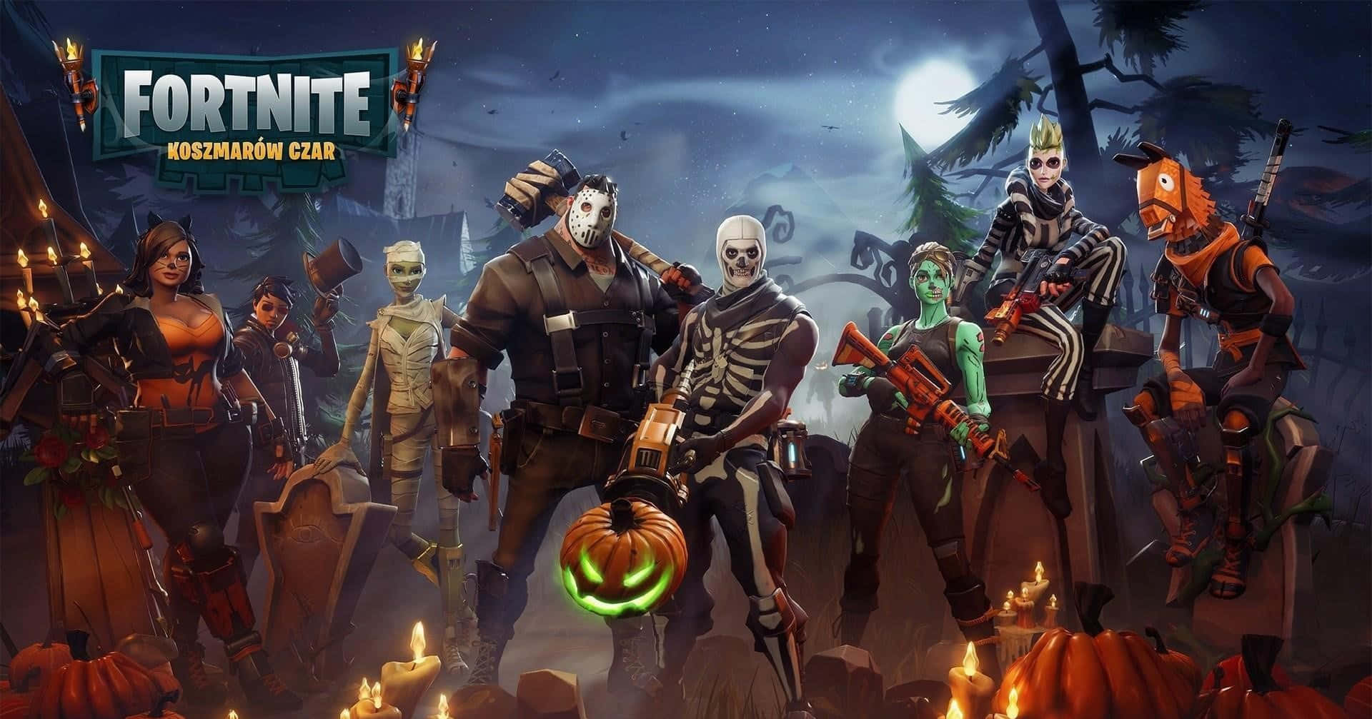 Online Games 桌布 壁紙 — Fortnite 萬聖節角色在陰森森林中，有發光南瓜和滿月。