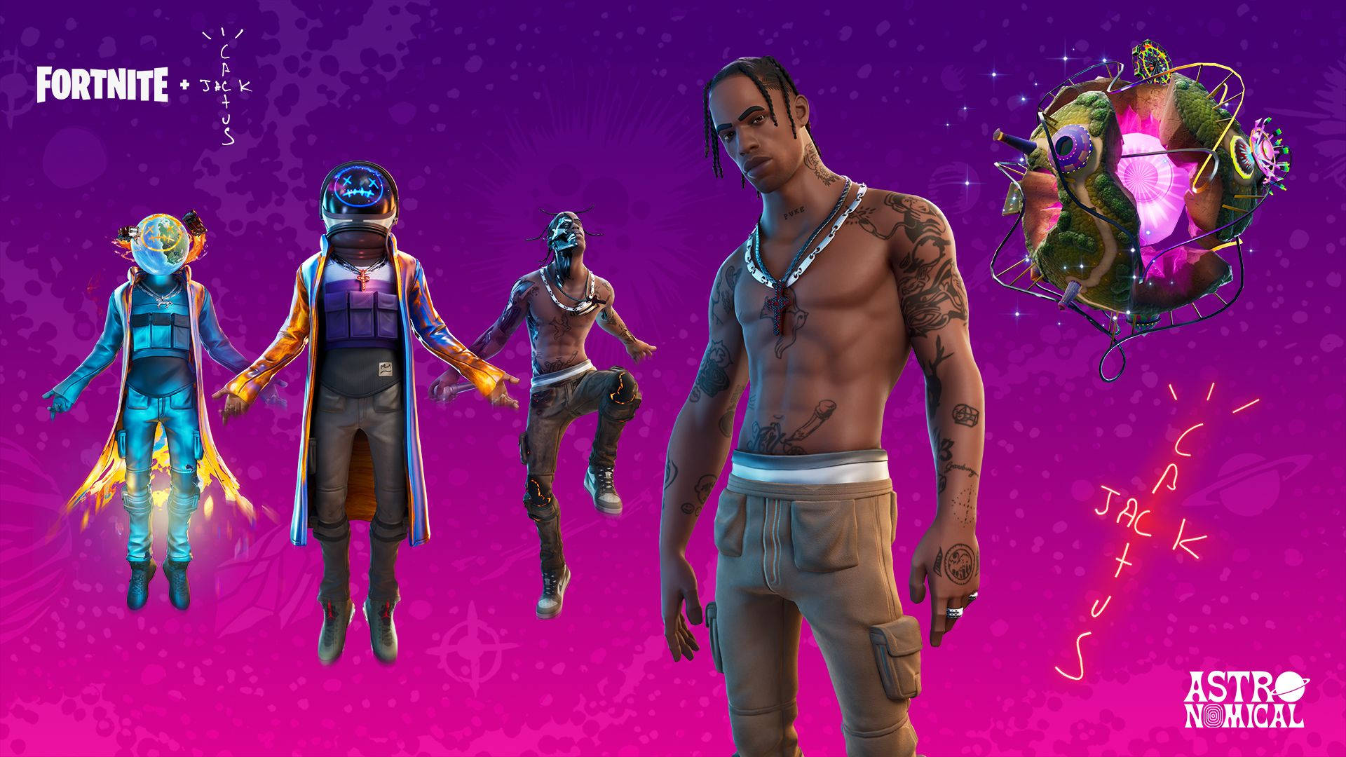 Fortnite 造型 桌布 壁紙 — Fortnite 角色 Jack Harlow 穿著太空人造型在充滿活力的紫色宇宙背景中漂浮。