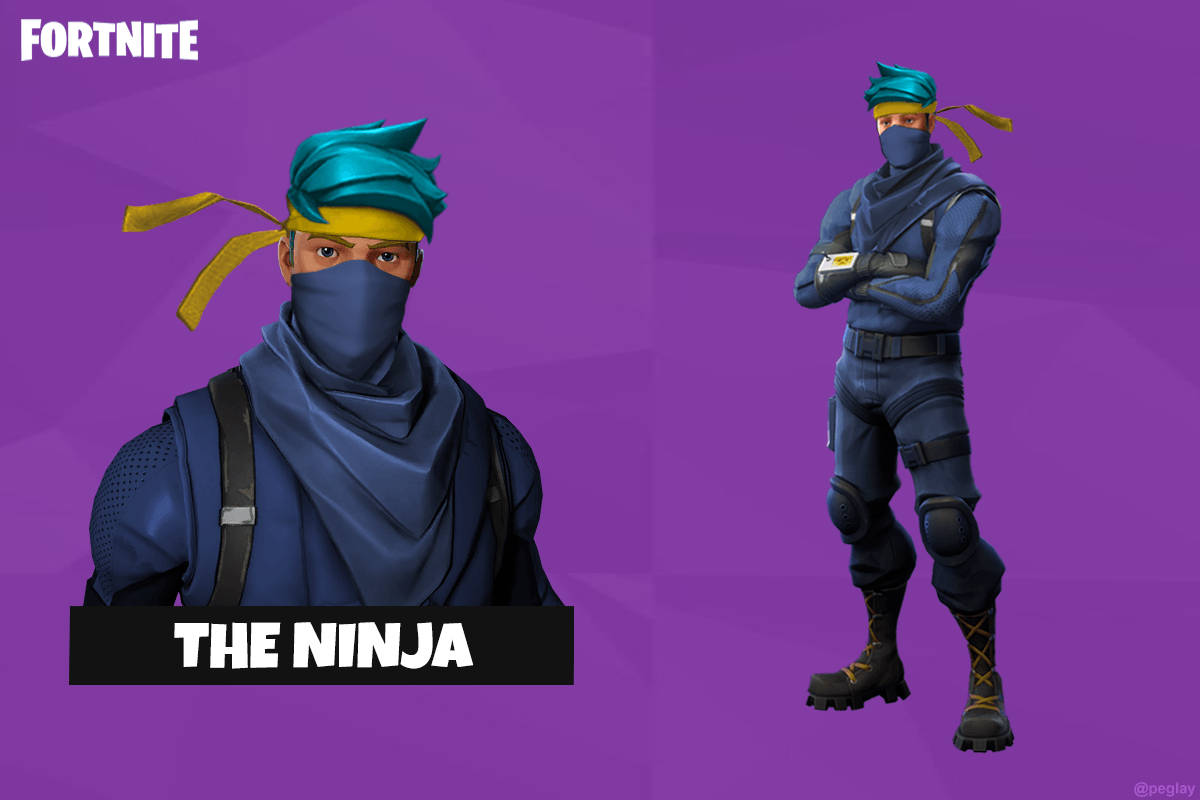 Ninja Fortnite 桌布 壁紙 — Fortnite 角色 The Ninja 身穿藍色忍者裝備，配有青綠色頭巾和黃色點綴，背景為紫色。