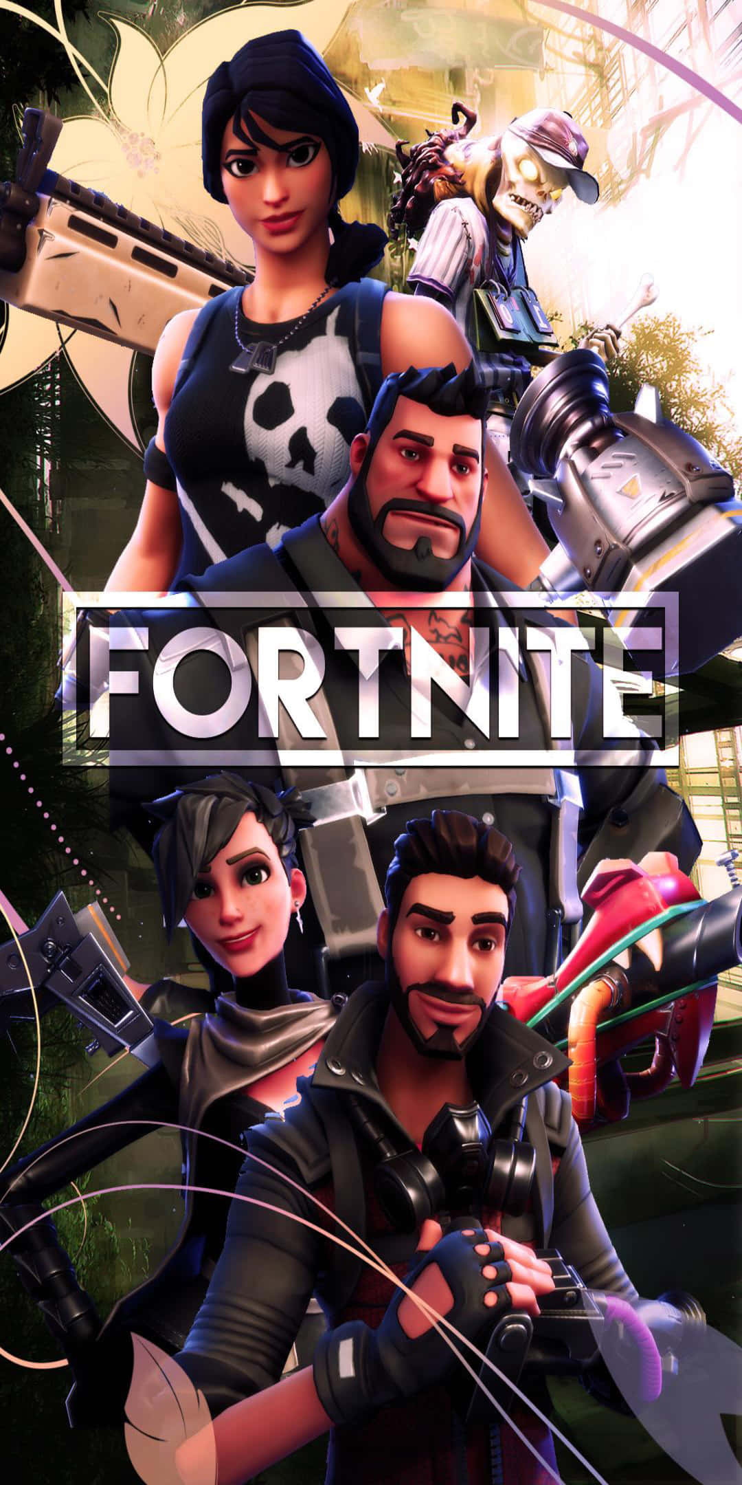電玩遊戲 桌布 壁紙 — Fortnite 角色以動態姿勢手持武器，背景是充滿活力的叢林。