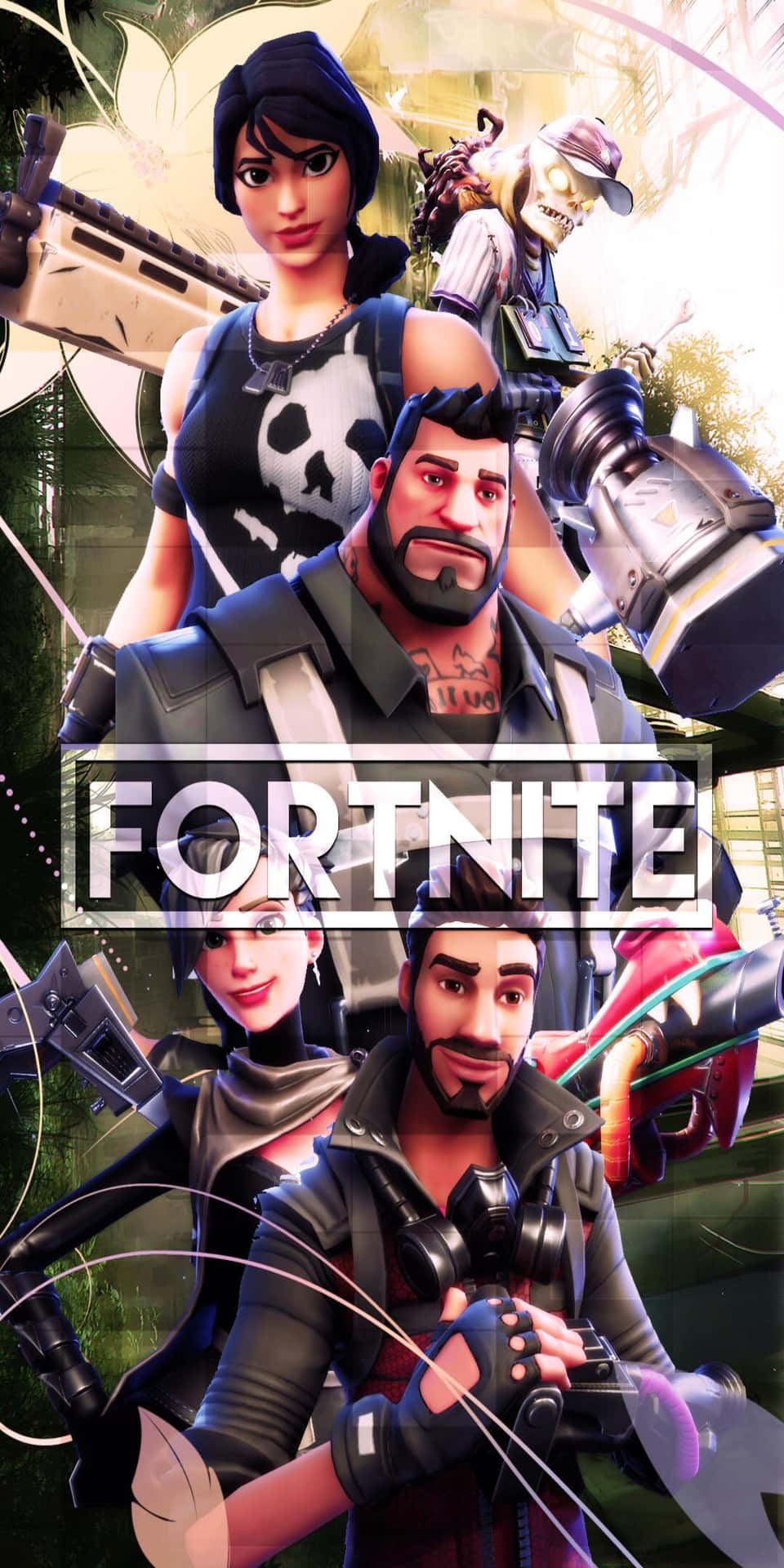 Zombie 桌布 壁紙 — Fortnite 角色以動態姿勢手持武器並帶有發光效果，背景為充滿活力的叢林。