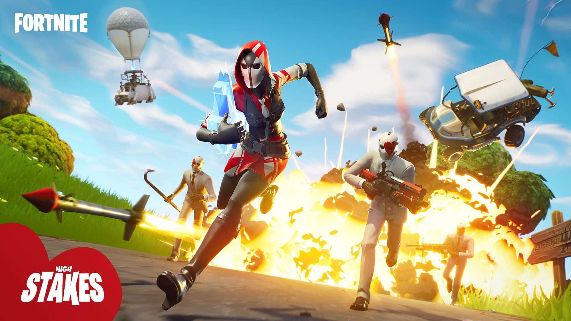 Fye No Skin Fortnite 桌布 壁紙 — Fortnite 角色在明亮的藍天下，於爆炸和飛行車輛中戰鬥。