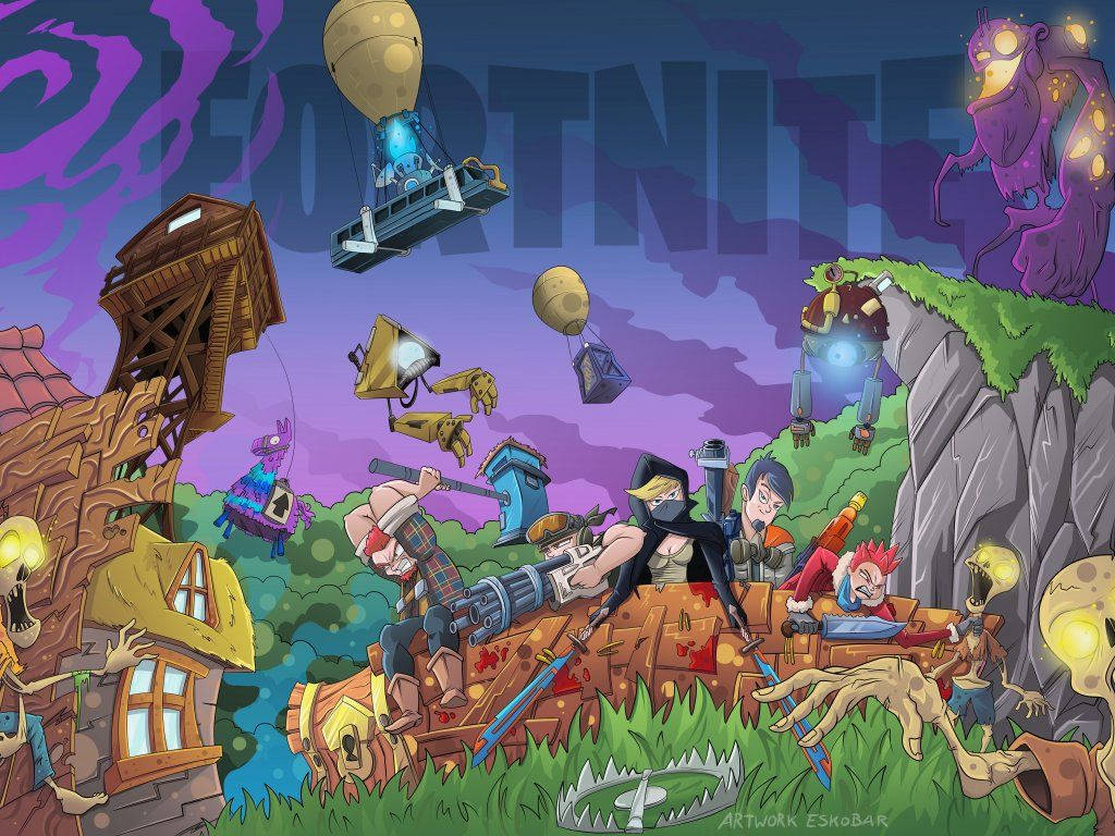 Fortnite 桌布 壁紙 — Fortnite 角色在紫色天空下，在混亂的卡通景觀中與殭屍和飛行敵人戰鬥。