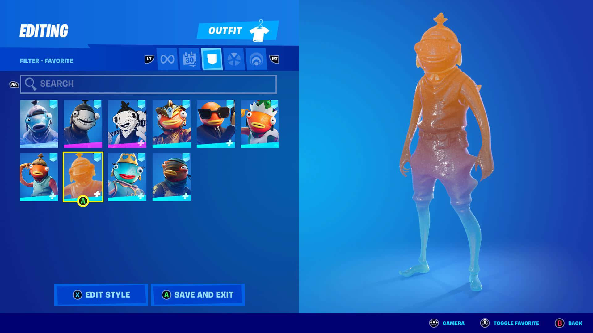 Fortnite Fishstick 桌布 壁紙 — Fortnite 角色自訂畫面，顯示從頭像選項網格中選擇的發光橙色魚主題服裝。