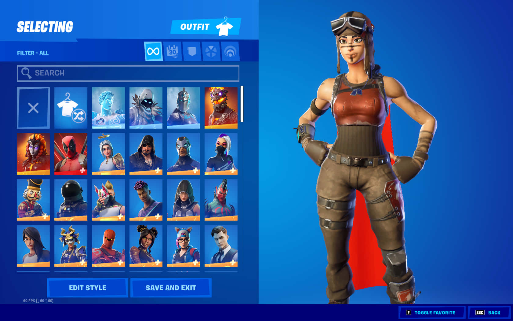 Aerial Assault Trooper 桌布 壁紙 — Fortnite 角色自訂畫面，顯示一位女性飛行員服裝，戴著護目鏡和紅色披風，背景為藍色。