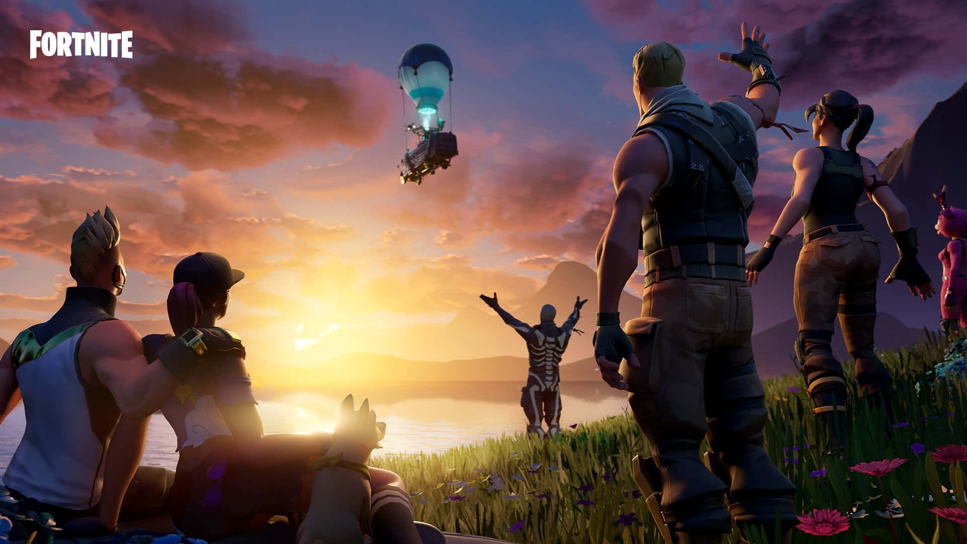 桌布 壁紙 — Fortnite 角色觀看在日落時分，一個發光的熱氣球在長滿紫色花朵的草地上空升起。