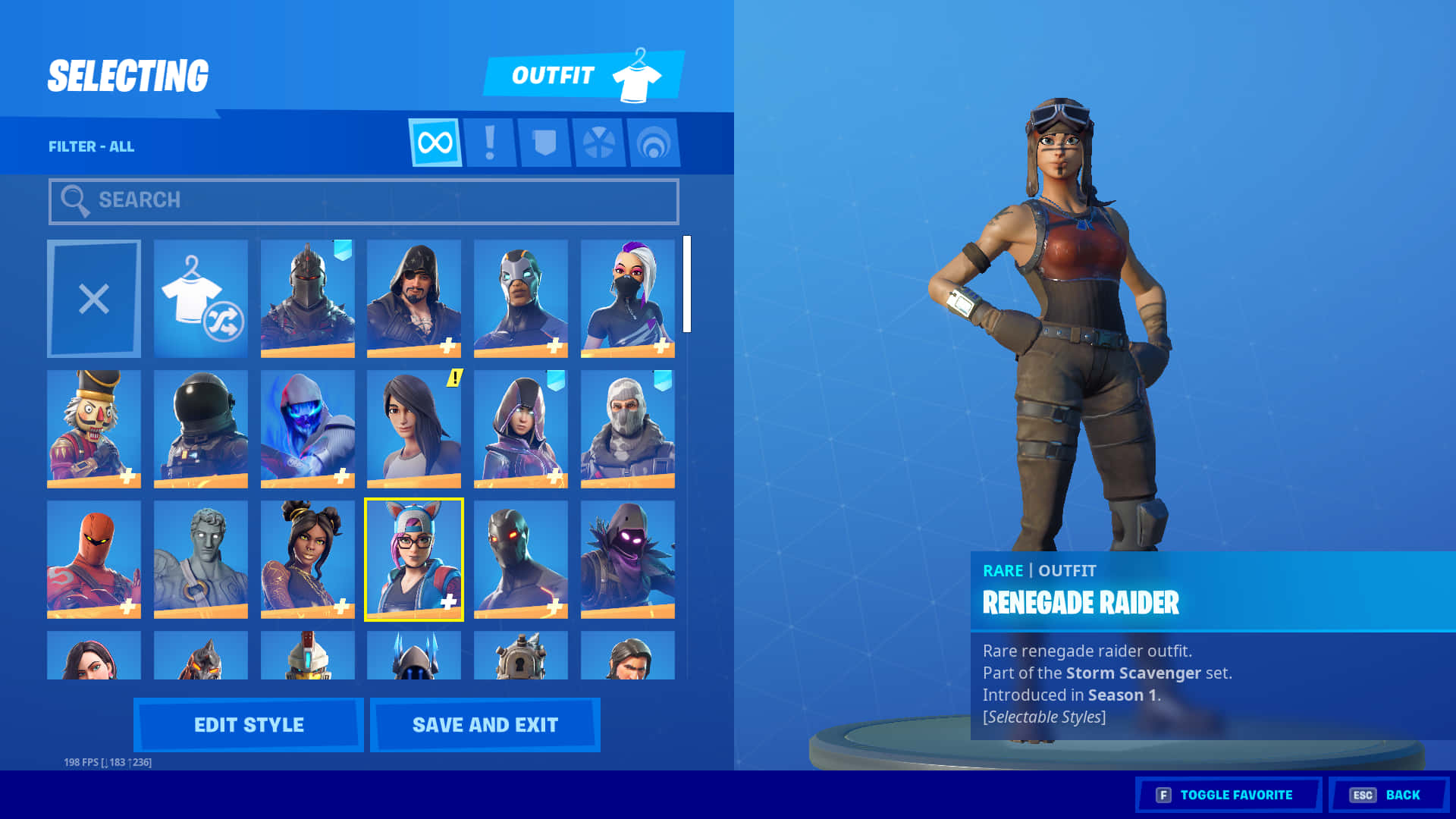 Aerial Assault Trooper 桌布 壁紙 — Fortnite 角色選擇畫面顯示「Renegade Raider」服裝為稀有遊戲內物品，並有其他角色造型的網格。