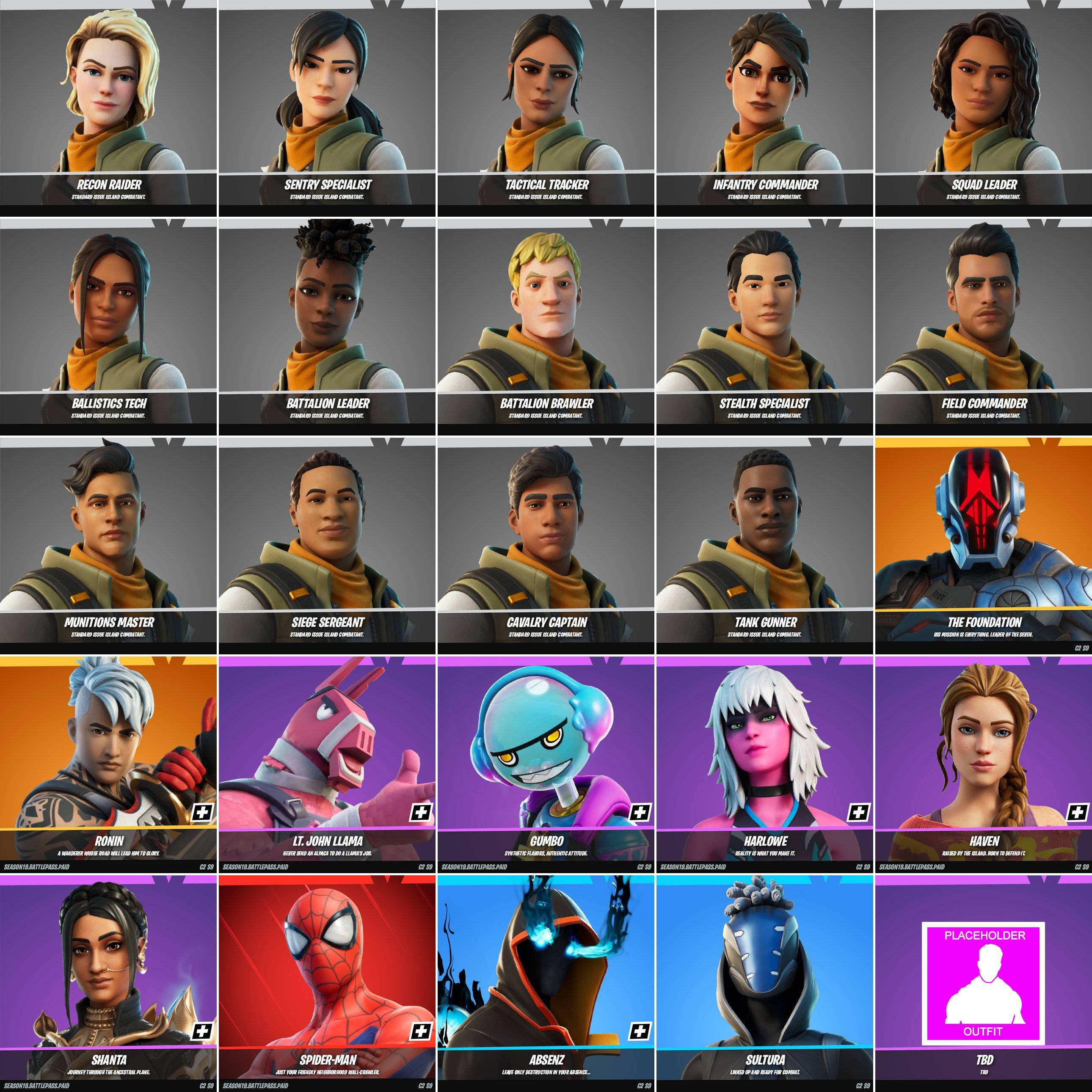 Fortnite 造型 桌布 壁紙 — Fortnite 角色頭像網格，展示各種英雄和反派穿著戰鬥裝備，背景為彩色。