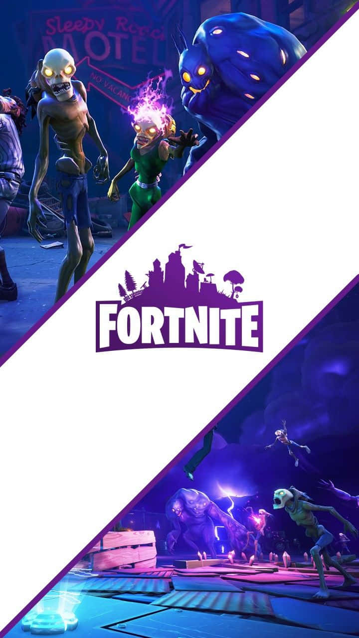 Fye No Skin Fortnite 桌布 壁紙 — Fortnite 遊戲場景，在汽車旅館中出現發光的殭屍角色和紫色霓虹燈。