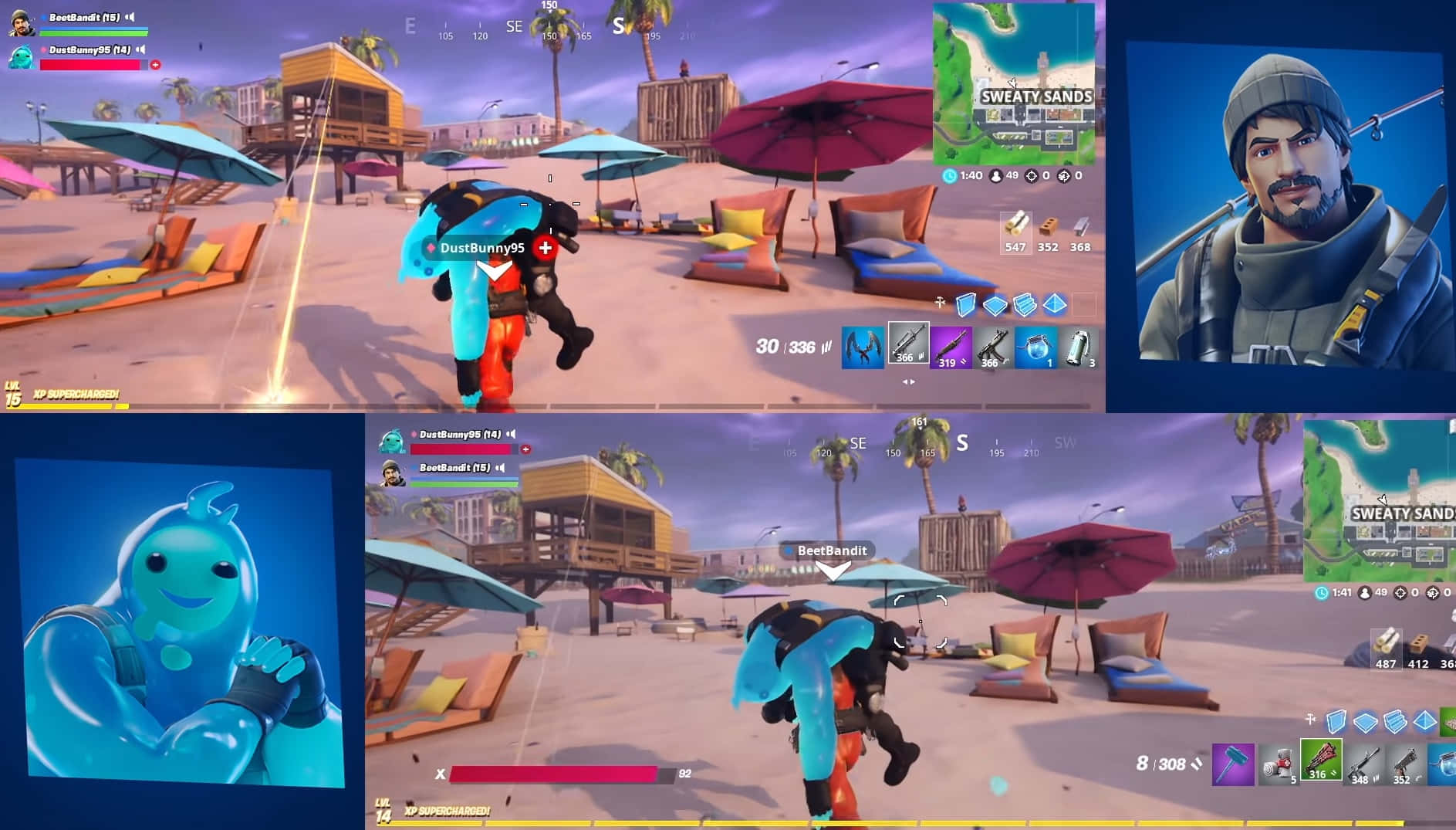 Console Game 桌布 壁紙 — Fortnite 遊戲畫面顯示玩家在海灘邊的 battle royale 中，有彩色雨傘和棕櫚樹，天空呈紫色。