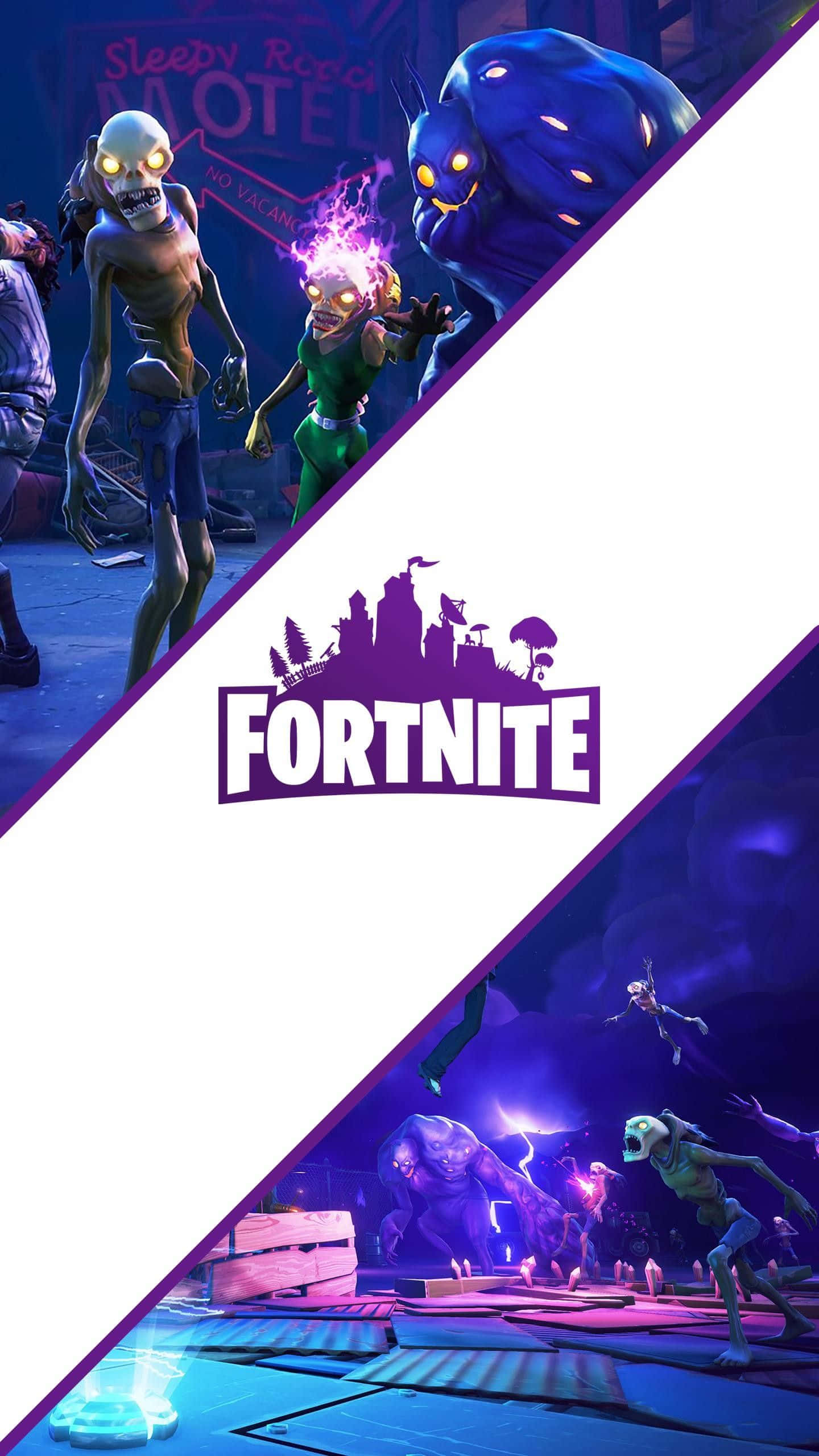 Fortnite iPhone 桌布 壁紙 — Fortnite 遊戲角色在分屏場景中，於汽車旅館環境中帶有發光的眼睛和紫色燈光。
