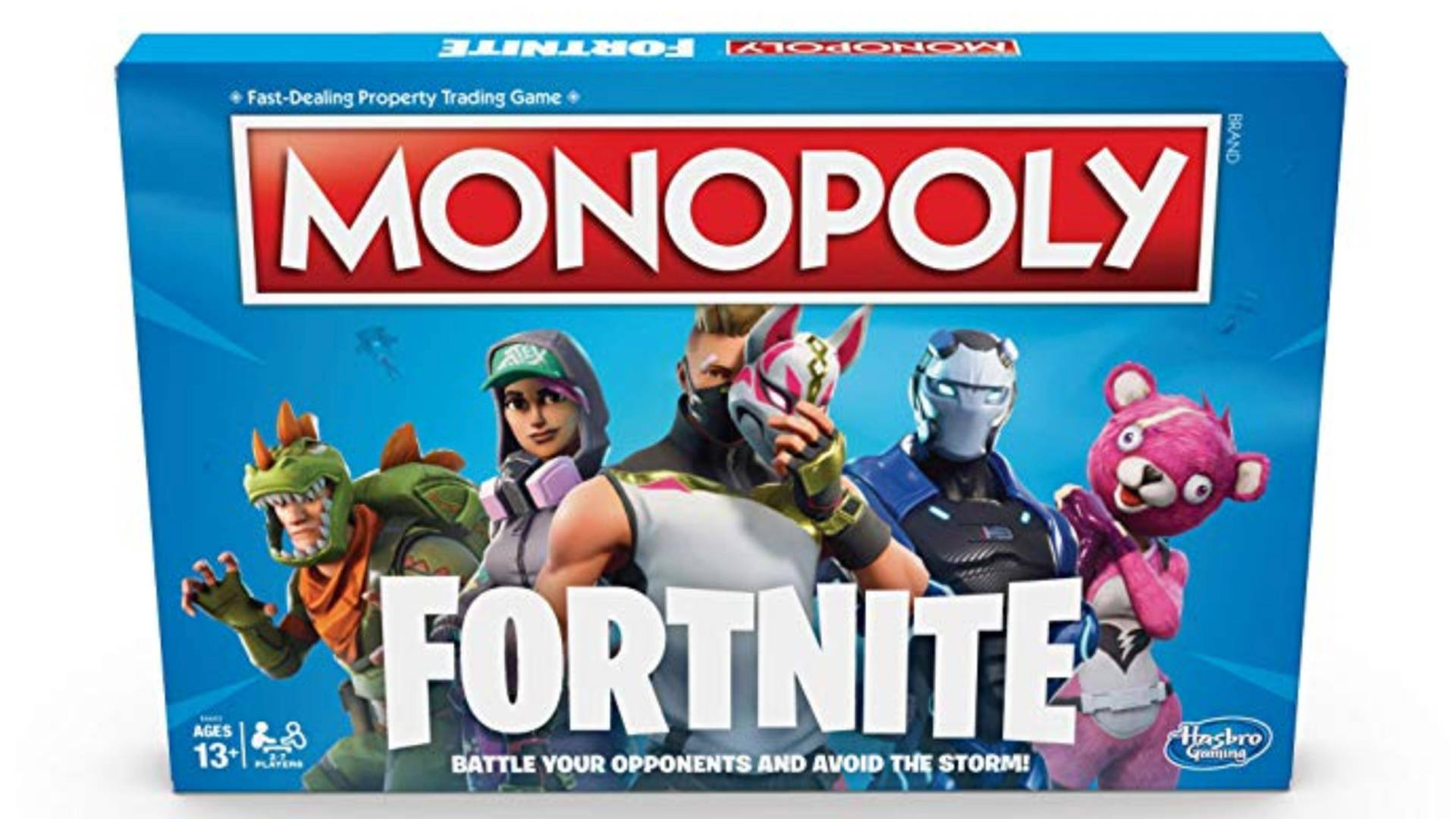 地產大亨 桌布 壁紙 — Fortnite主題大富翁遊戲盒，藍色背景上有五個色彩繽紛的角色。