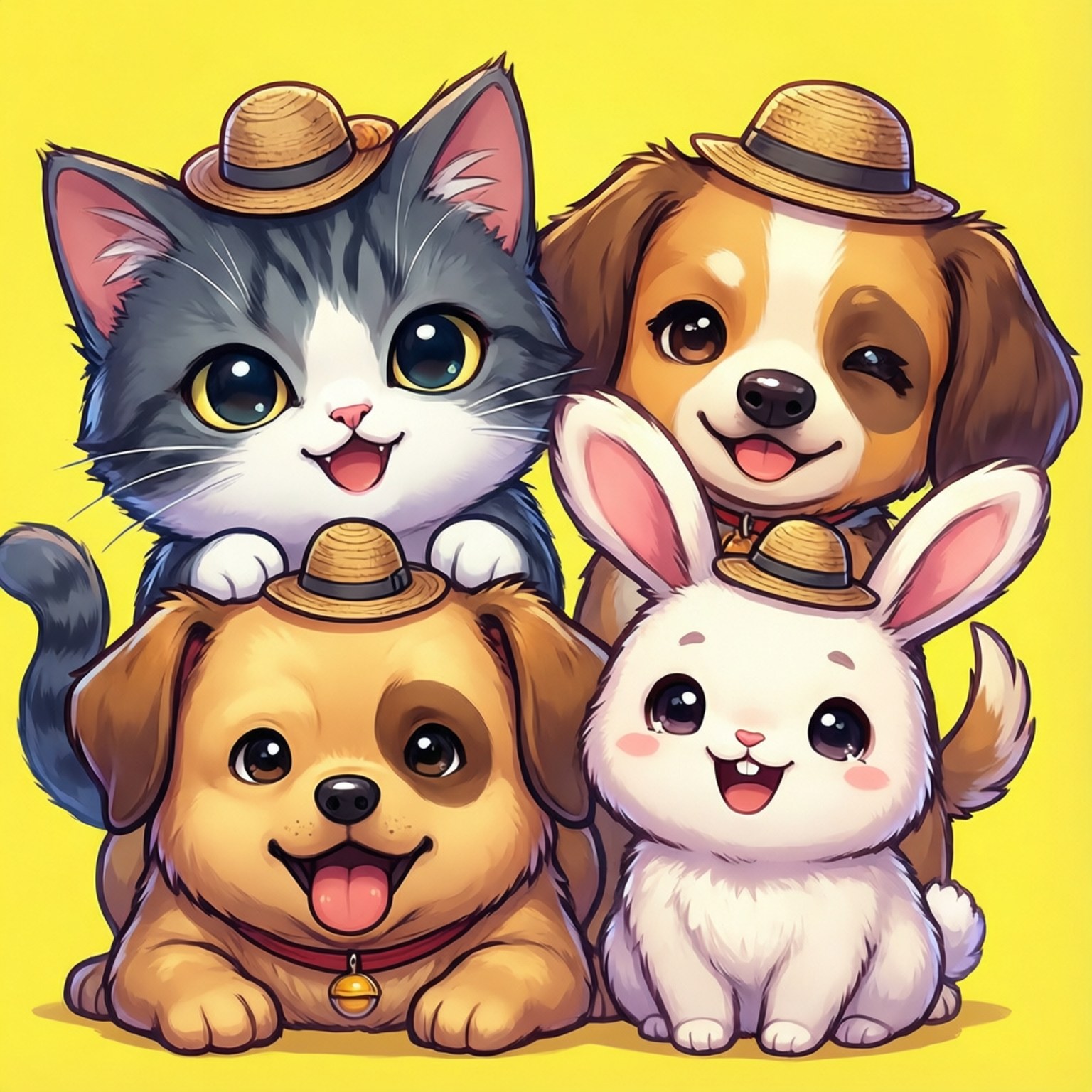Chibi Animal Friends 壁紙 — 四隻可愛的卡通動物：貓、狗、兔子和幼犬，全都戴著小草帽，背景是明亮的黃色。