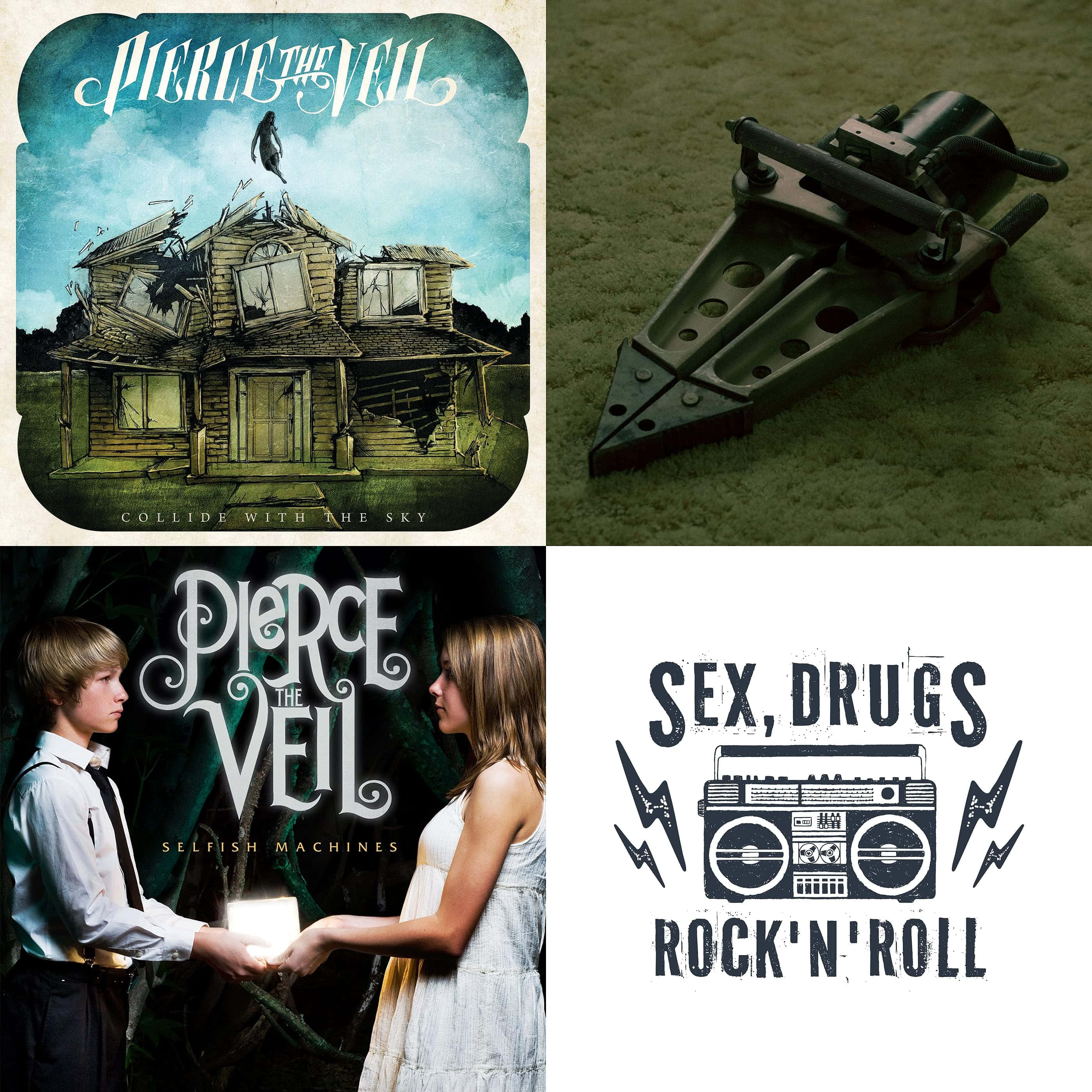 pierce the veil 桌布 壁紙 — Pierce the Veil 的四張專輯封面，包括一間破舊的房子、一把十字弓、一個拿著燈籠的男孩和女孩，以及一個帶有「Sex Drugs Rock'n'Roll」文字的便攜式音響。